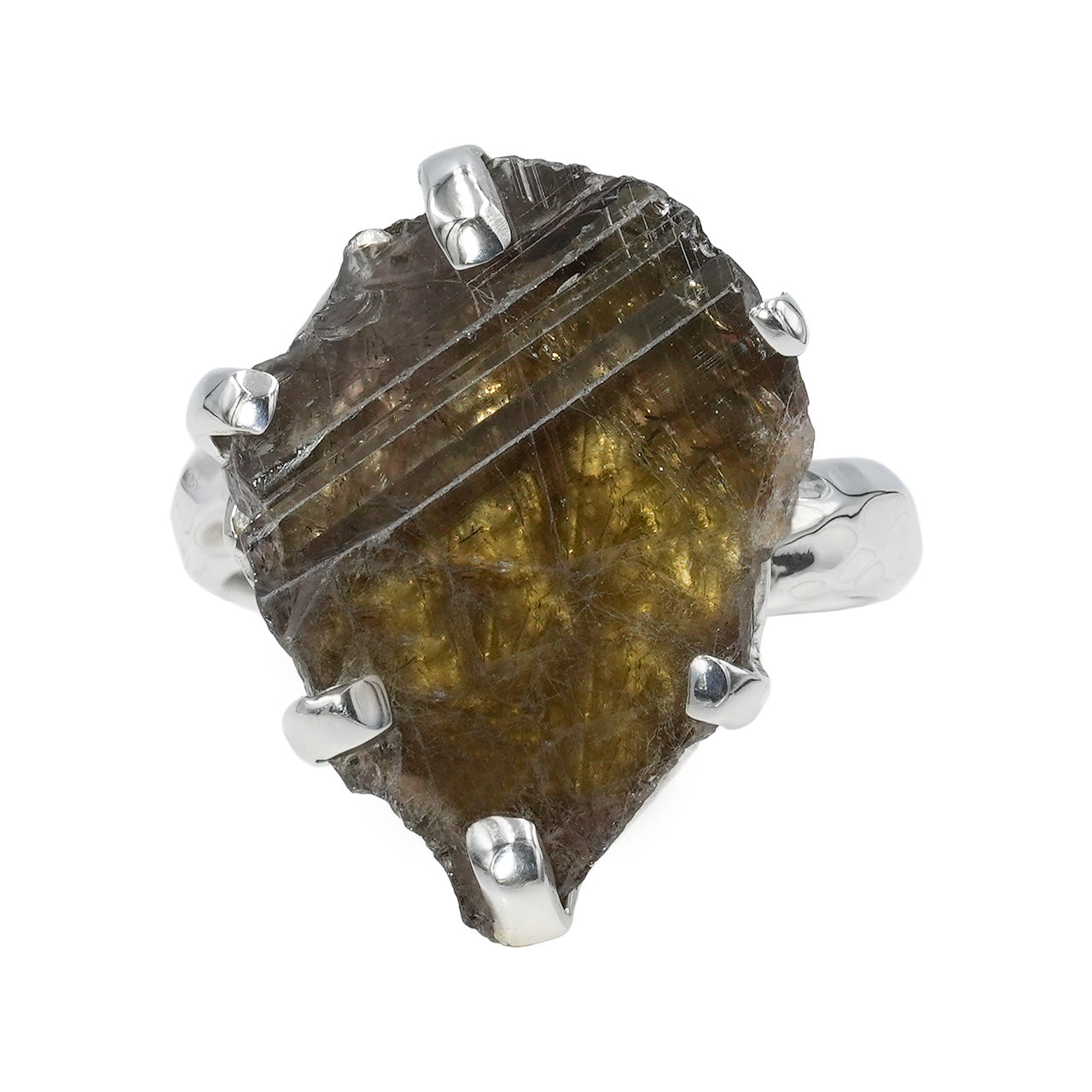 Front view of an Axinite prong‑set ring showing grey-brown natural crystal.