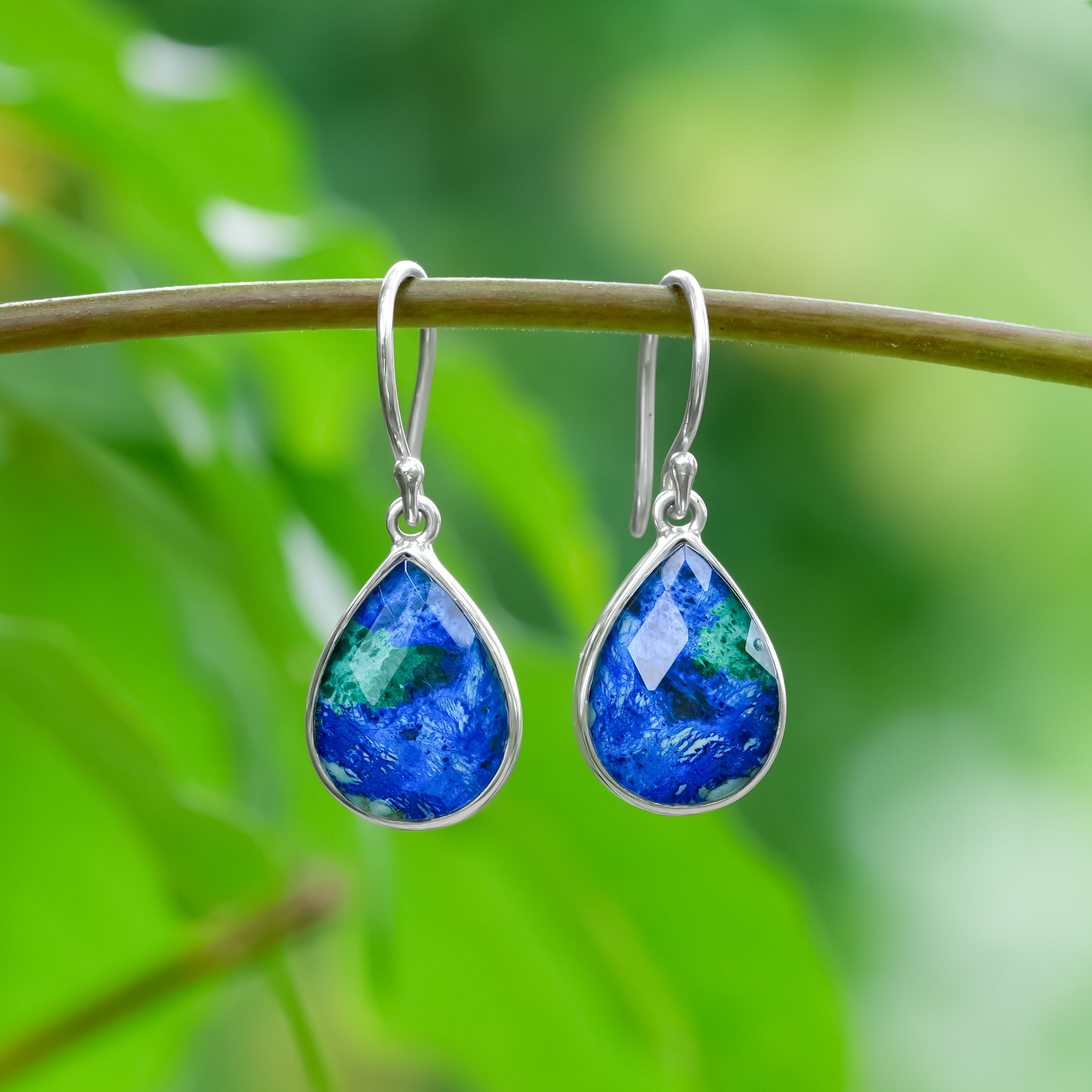 Second front view of faceted azurite malachite pear dangle earrings show hanging