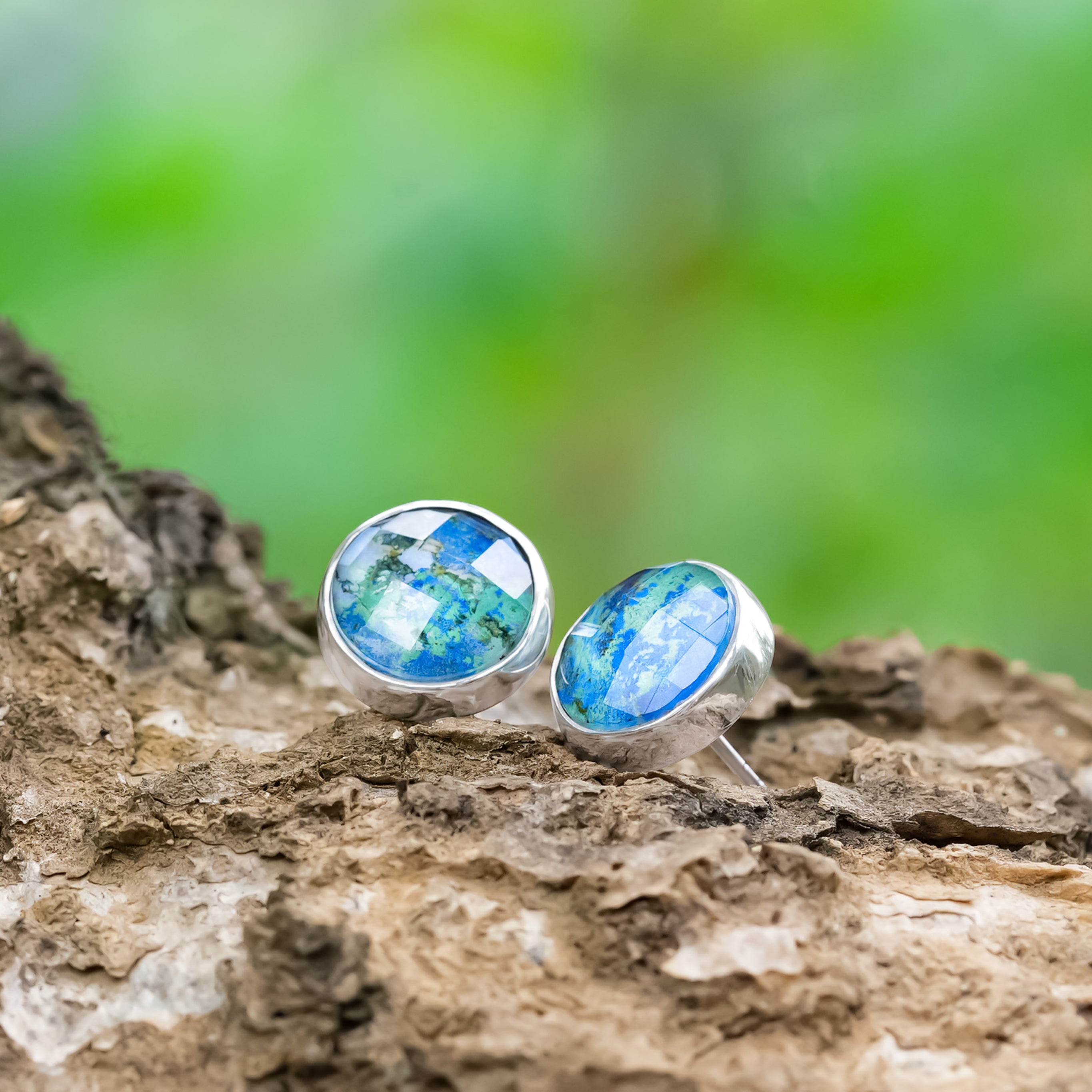 Starborn Faceted Azurite Malachite Round Single Bezel Post Earrings in Sterling Silver