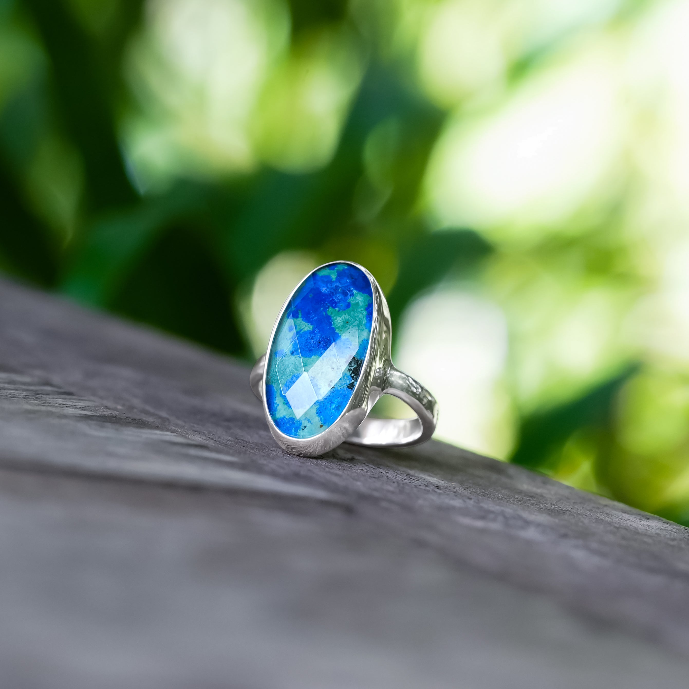Starborn Faceted Azurite Malachite Quartz Doublet Ring in Sterling Silver