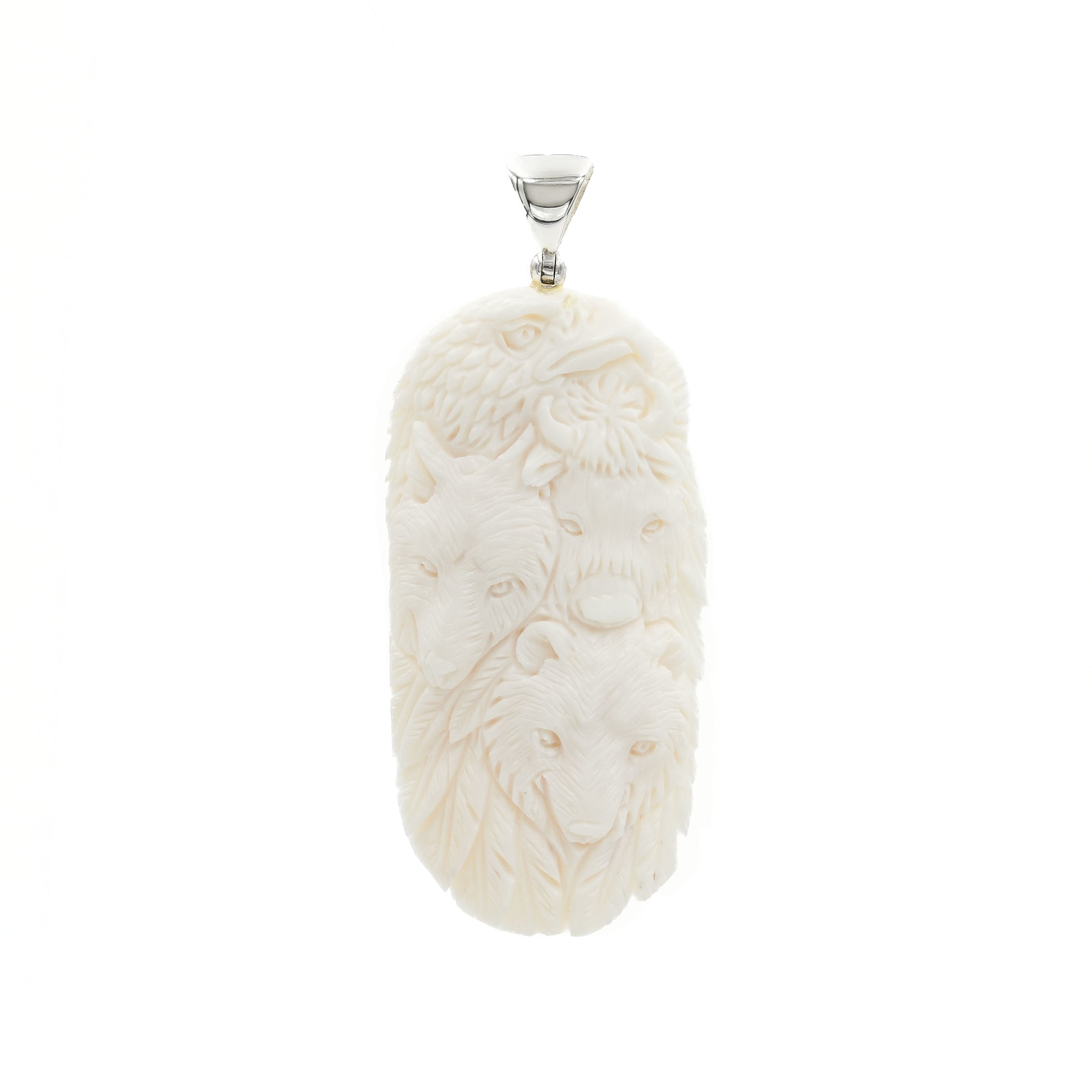 Starborn Carved Buffalo Bone Pendant Eagle, Wolf, Bison, & Bear in Sterling Silver