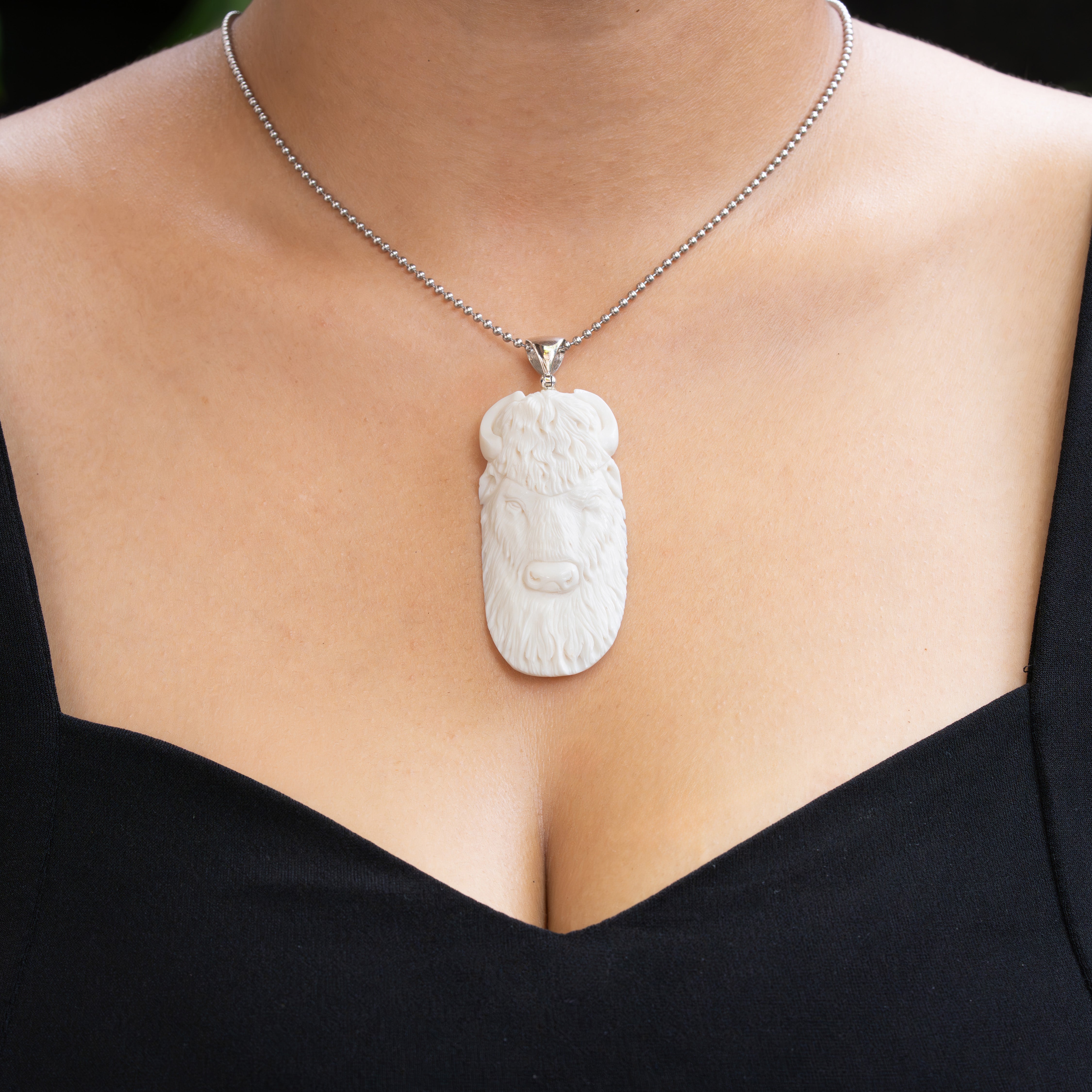 Starborn Carved Buffalo Bone Pendant Bison Head in Sterling Silver