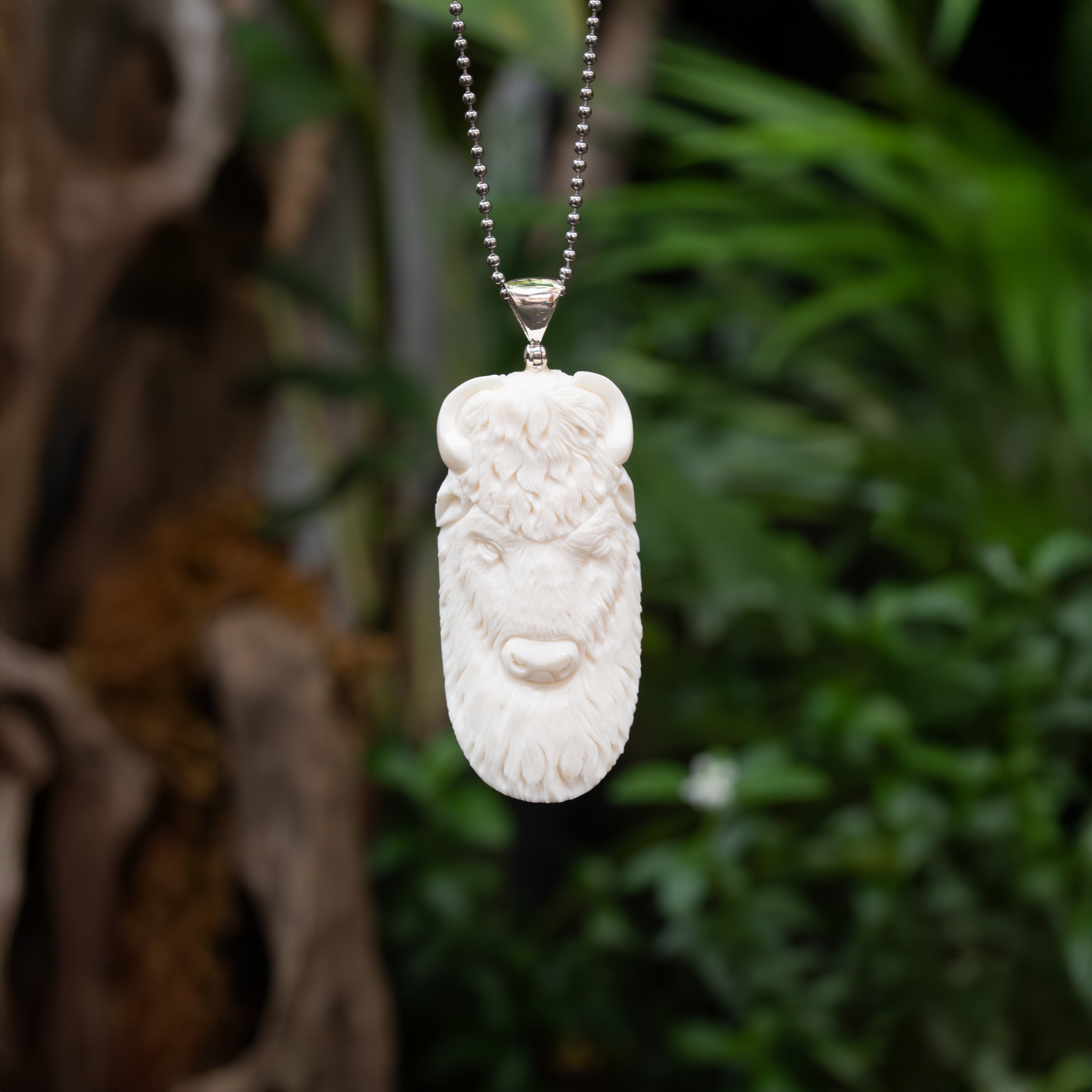 Starborn Carved Buffalo Bone Pendant Bison Head in Sterling Silver