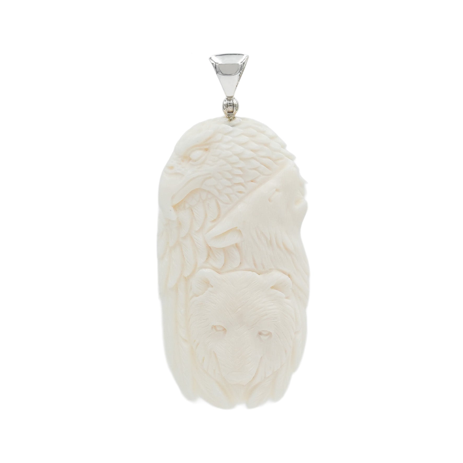 Starborn Carved Buffalo Bone Pendant with Bear, Wolf, & Eagle in Sterling Silver