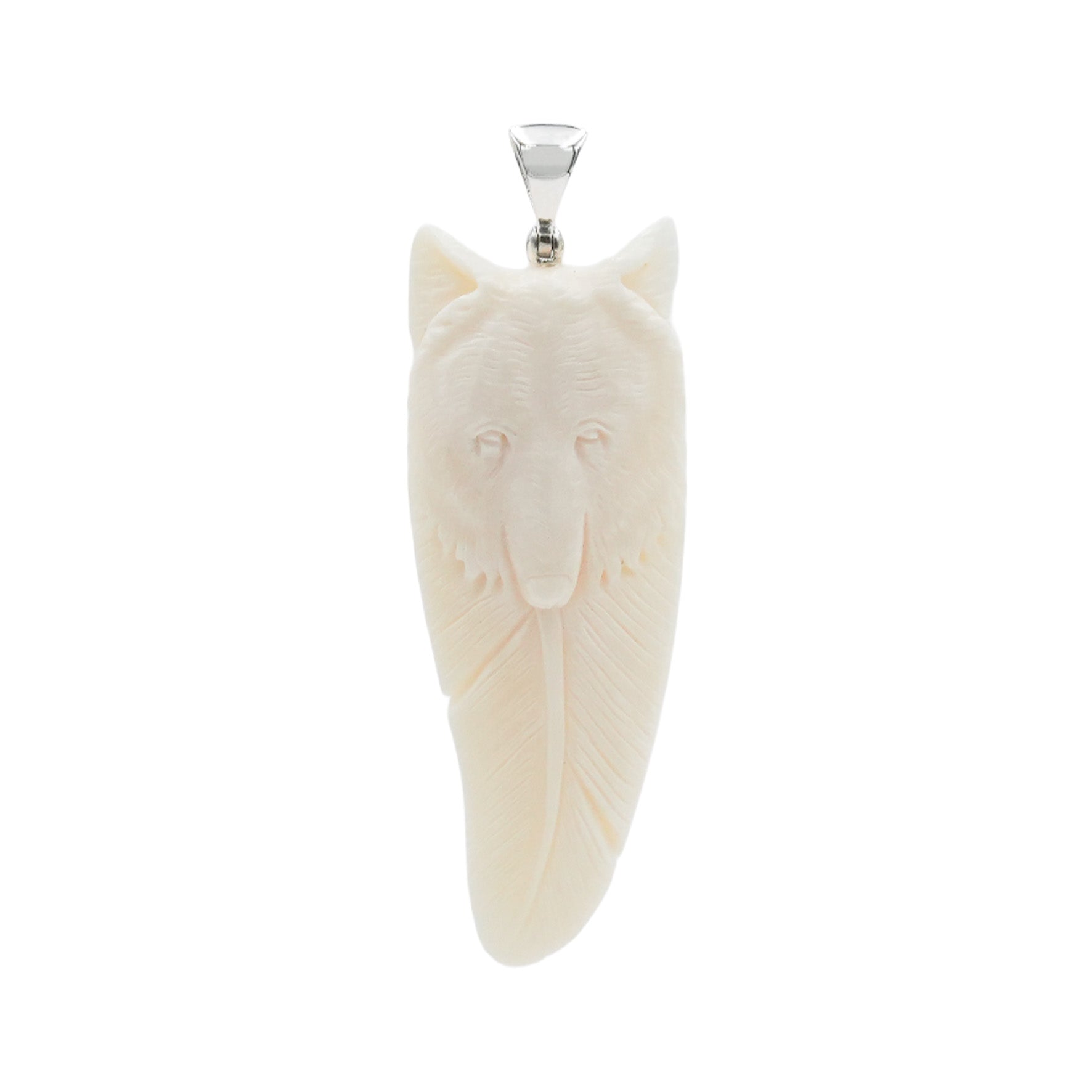 Starborn Carved Buffalo Bone Pendant Wolf Head & Feather in Sterling Silver