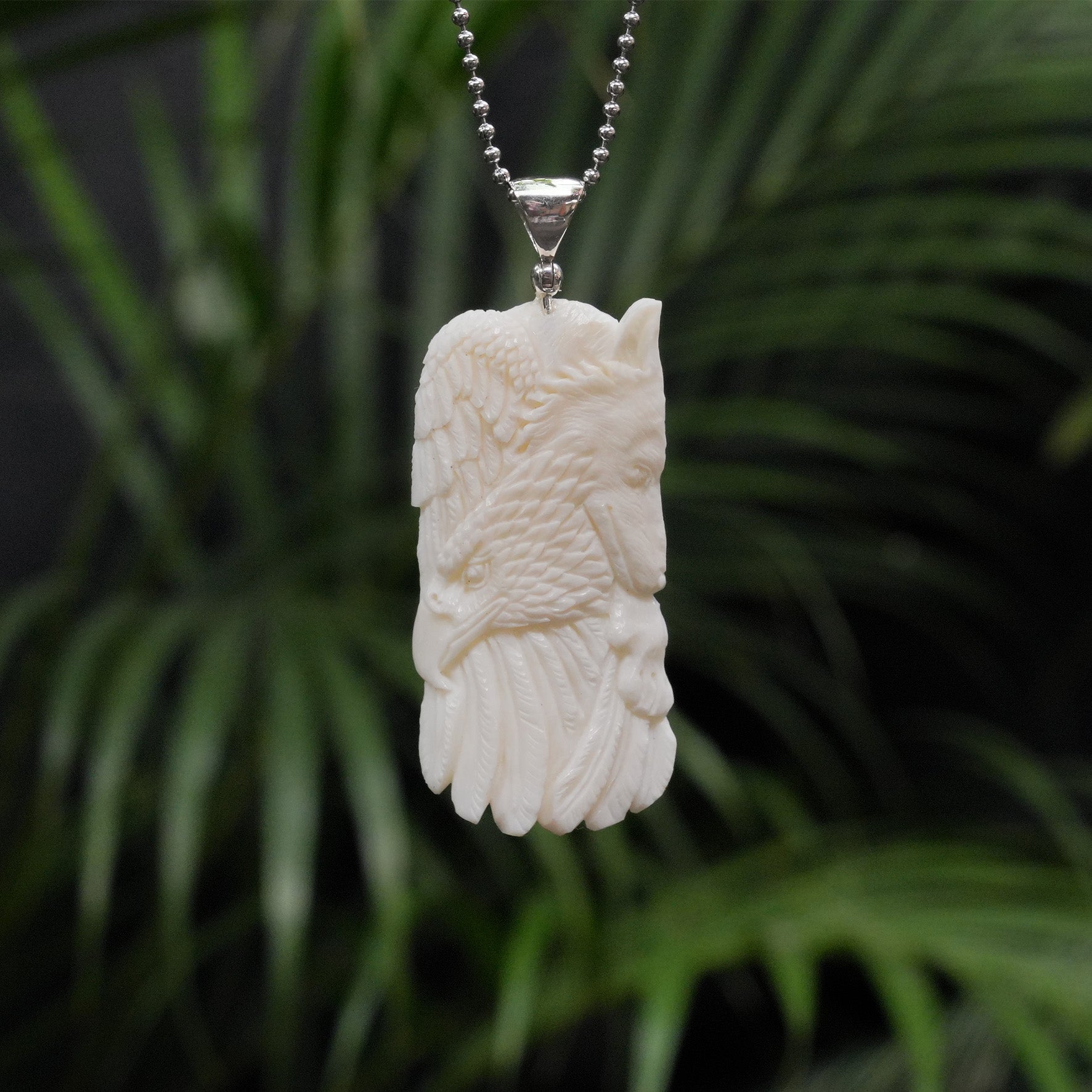 Starborn Carved Buffalo Bone Pendant Wolf & Eagle in Sterling Silver