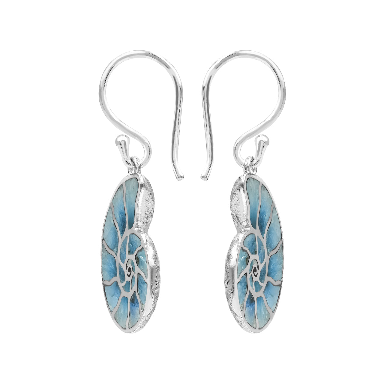 Starborn Nautilus Ammonite with Blue Ice Glacierite Inlay Earring in Sterling Silver - Large