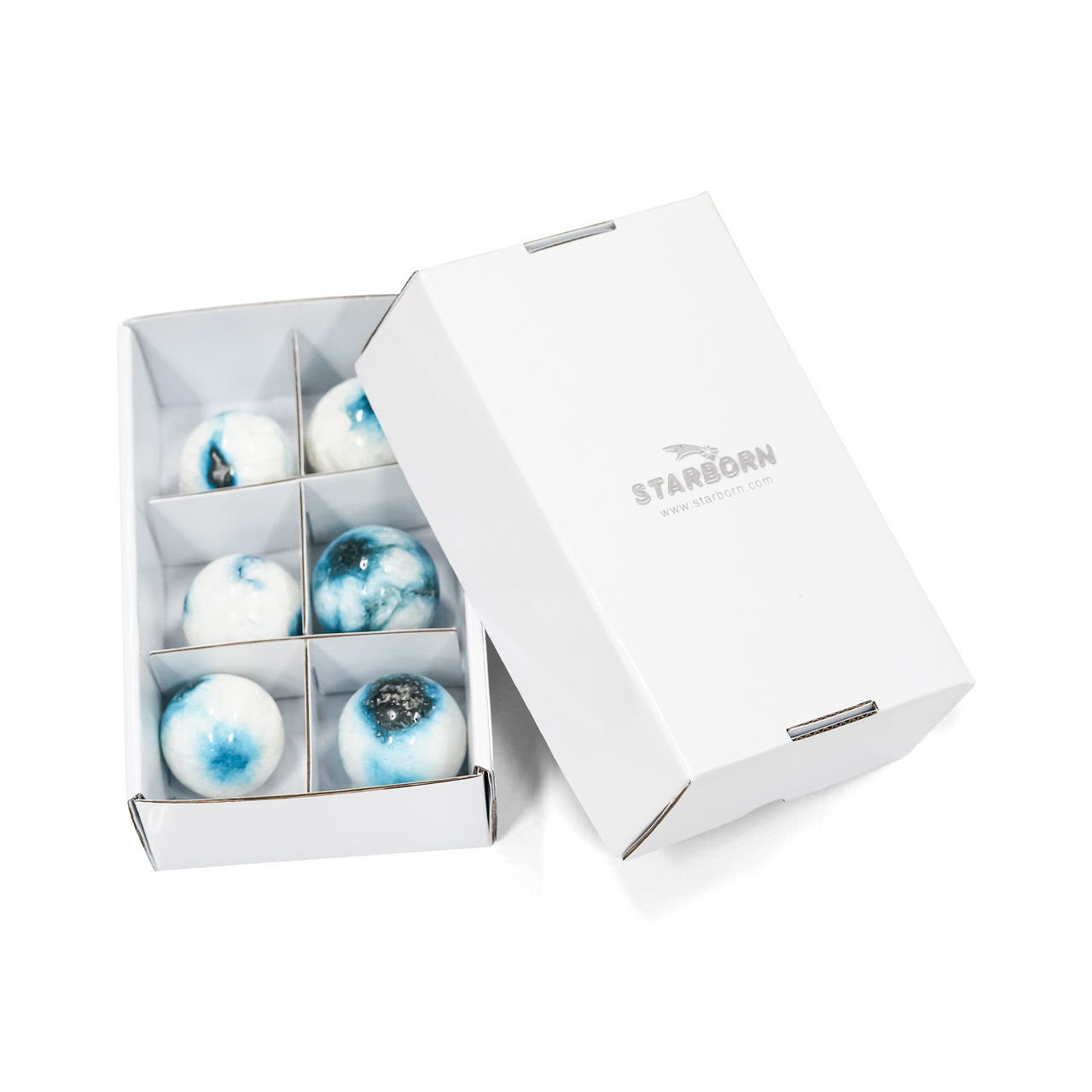 Front‑view image of the same Blue Ice Glacierite spheres displayed in a sturdy flat sectioned box with the lid placed beside the compartmented box.