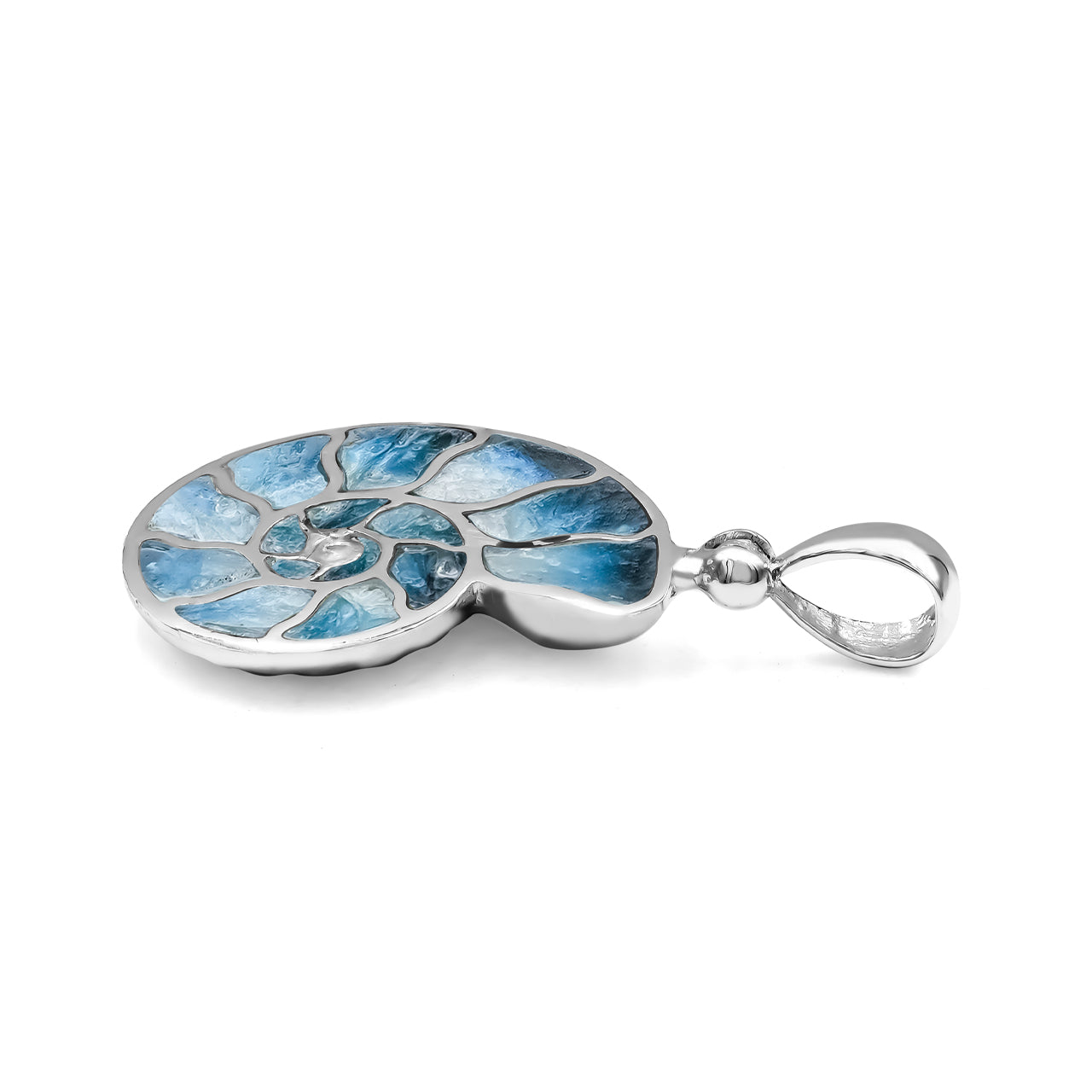 Starborn Blue Ice Glacierite Inlay Nautilus Ammonite Pendant in Sterling Silver