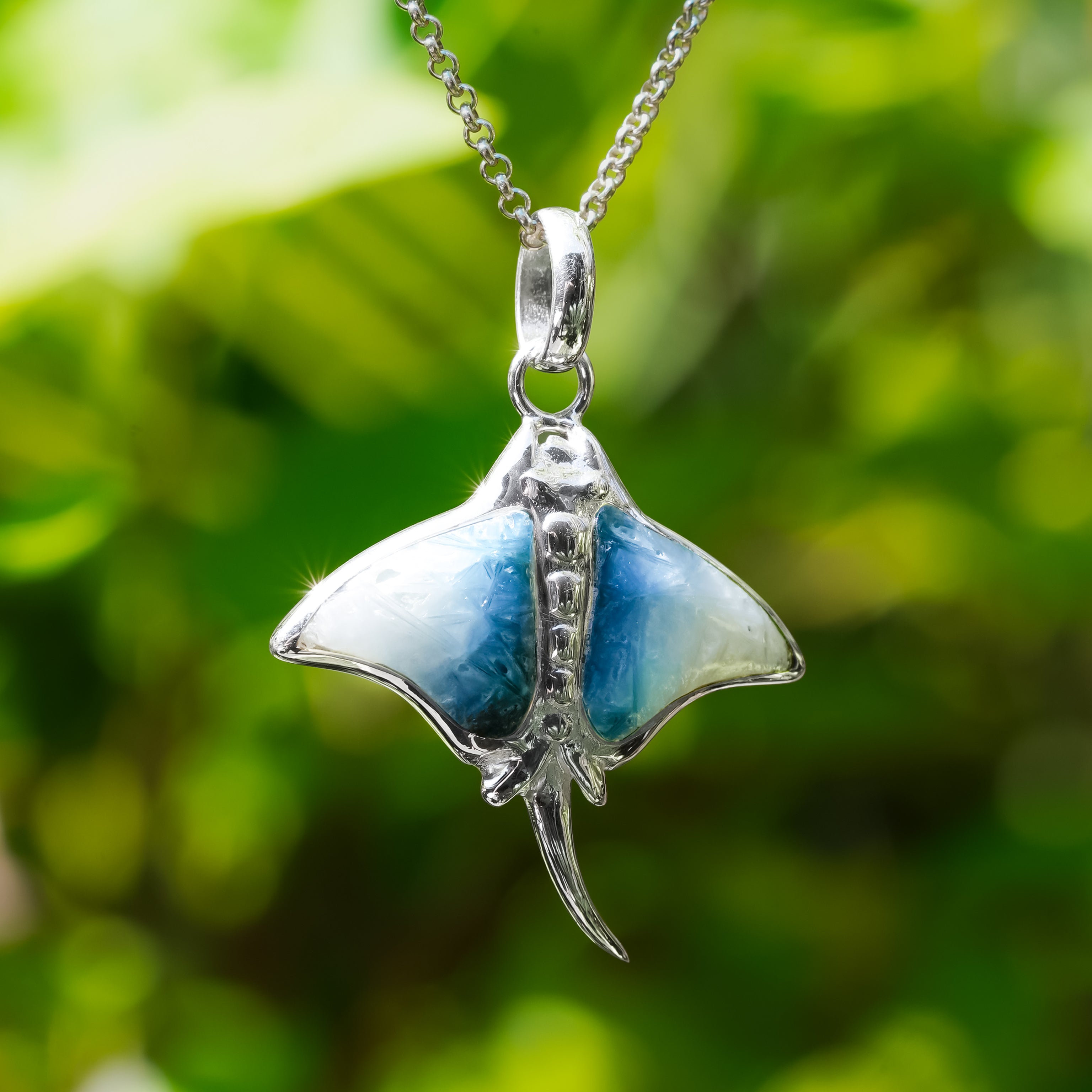 Starborn Manta Ray Blue Ice Glacierite Pendant in Sterling Silver