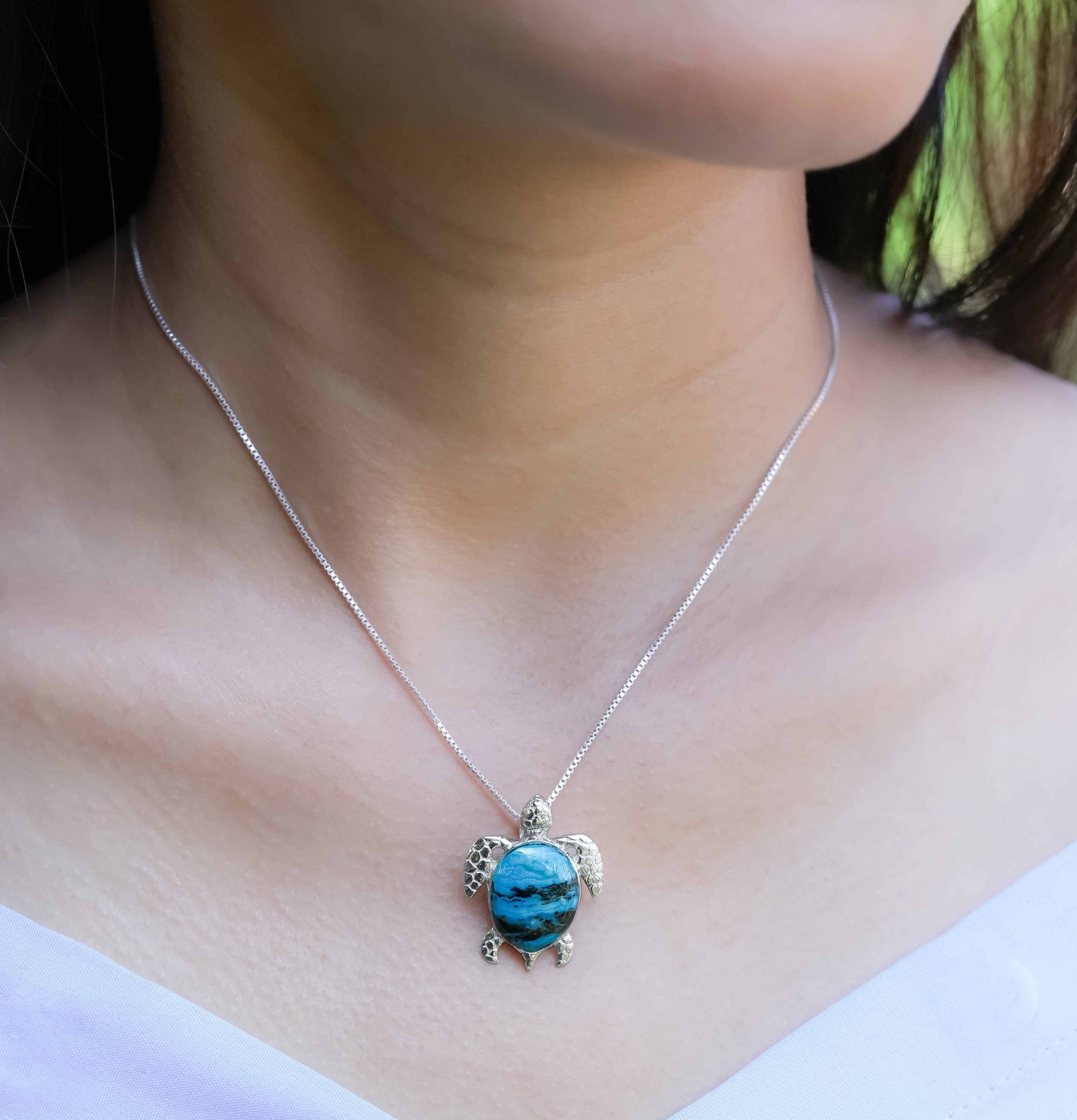 Starborn Chilean Blue Opal Sea Turtle Pendant in Sterling Silver