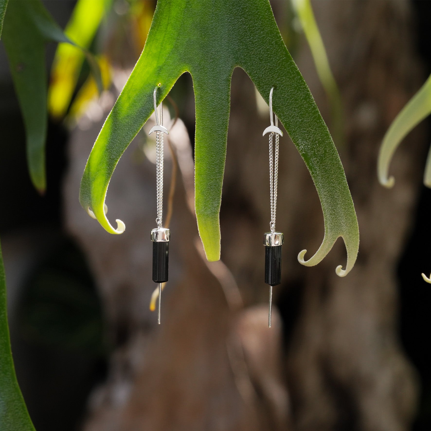 Starborn Tourmaline Crystal Threader Earrings with Crescent Moon Accents in Sterling Silver