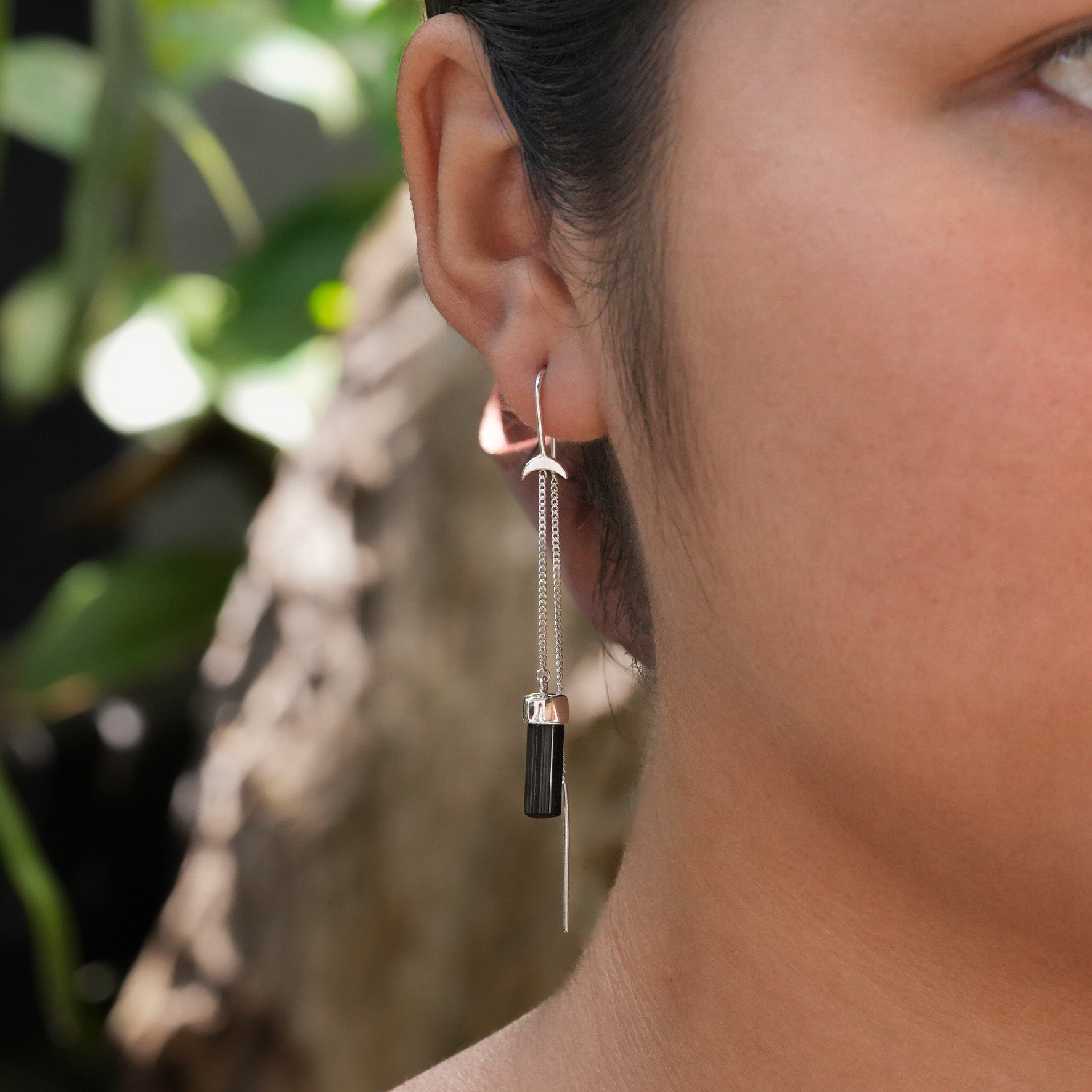Starborn Tourmaline Crystal Threader Earrings with Crescent Moon Accents in Sterling Silver