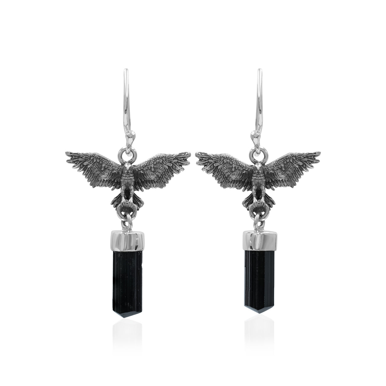 Starborn Black Tourmaline Crystal in Sterling Silver Eagle Earrings
