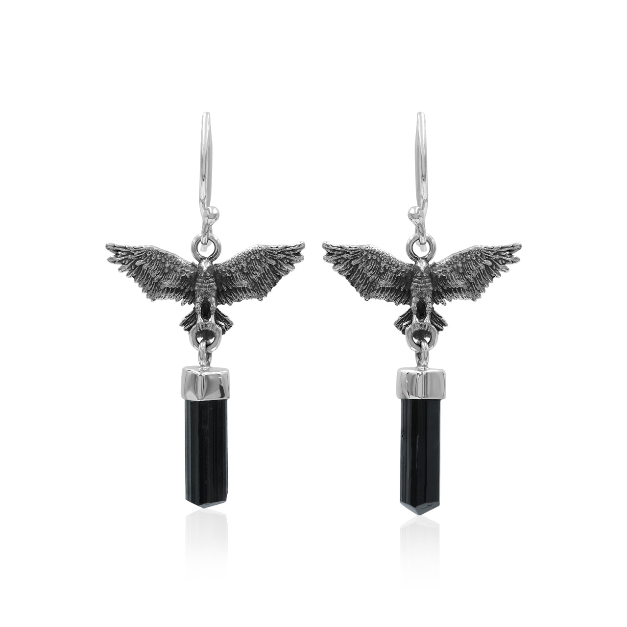 Starborn Black Tourmaline Crystal in Sterling Silver Eagle Earrings