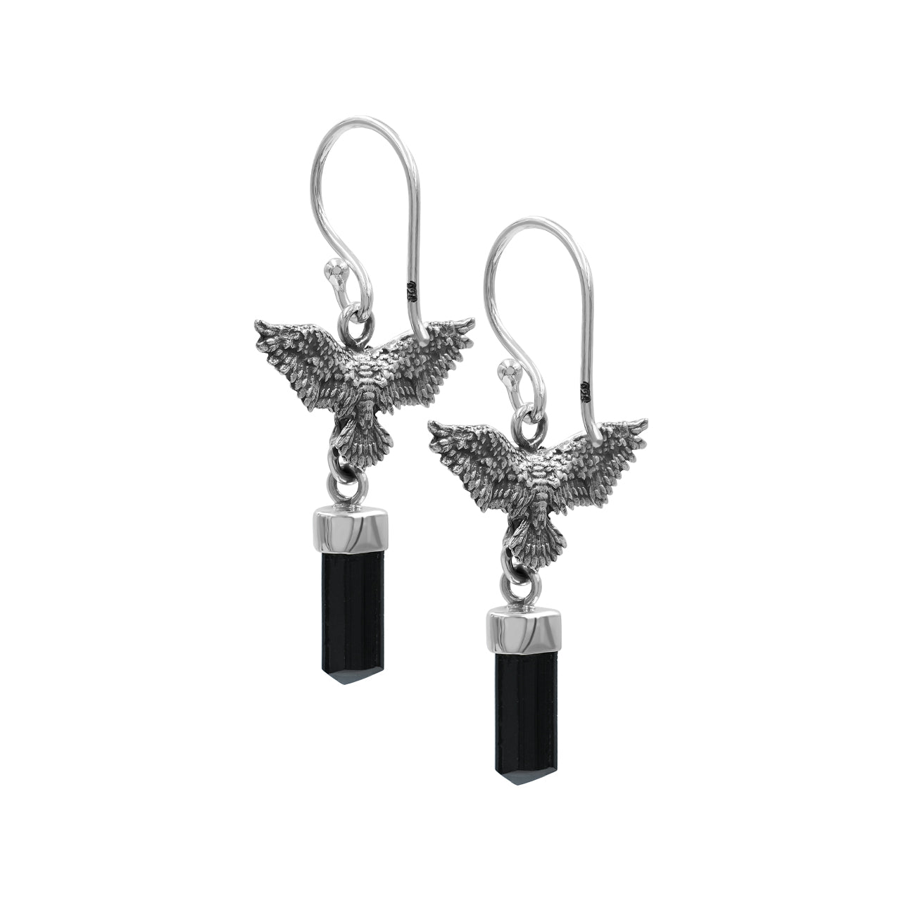 Starborn Black Tourmaline Crystal in Sterling Silver Eagle Earrings
