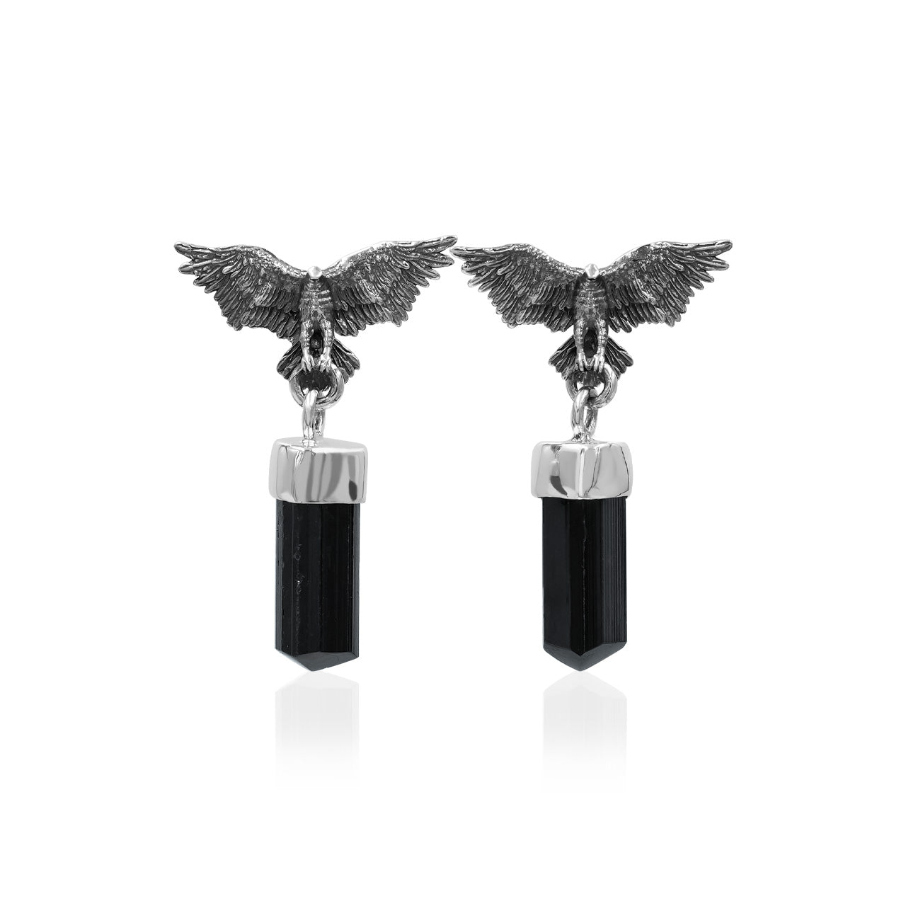 Starborn Black Tourmaline Crystal in Sterling Silver Eagle Earrings