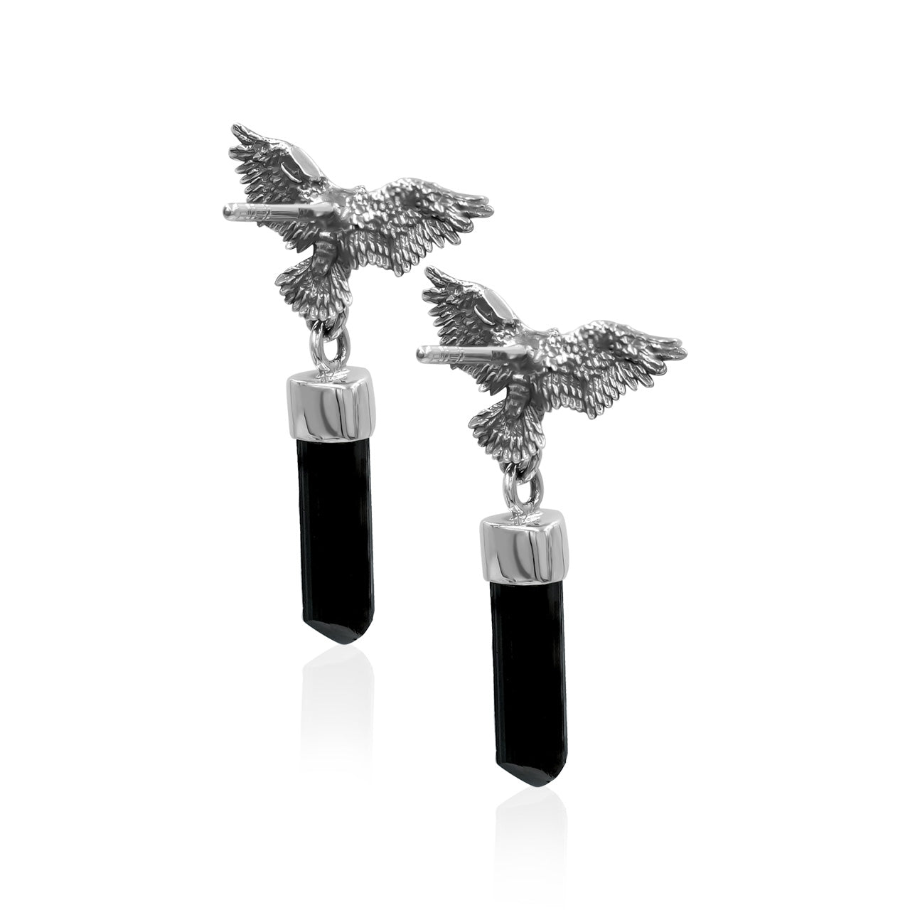Starborn Black Tourmaline Crystal in Sterling Silver Eagle Earrings