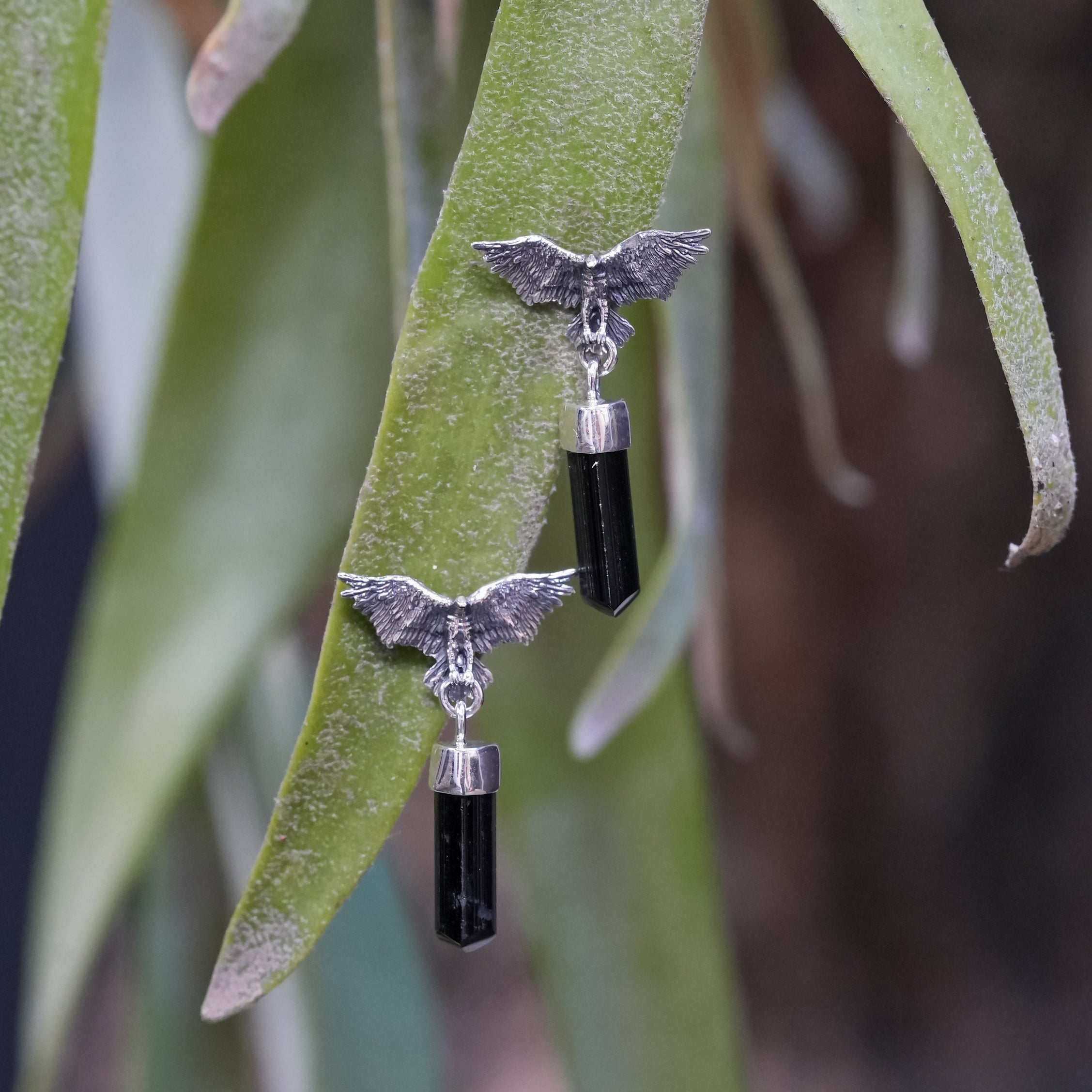 Starborn Black Tourmaline Crystal in Sterling Silver Eagle Earrings