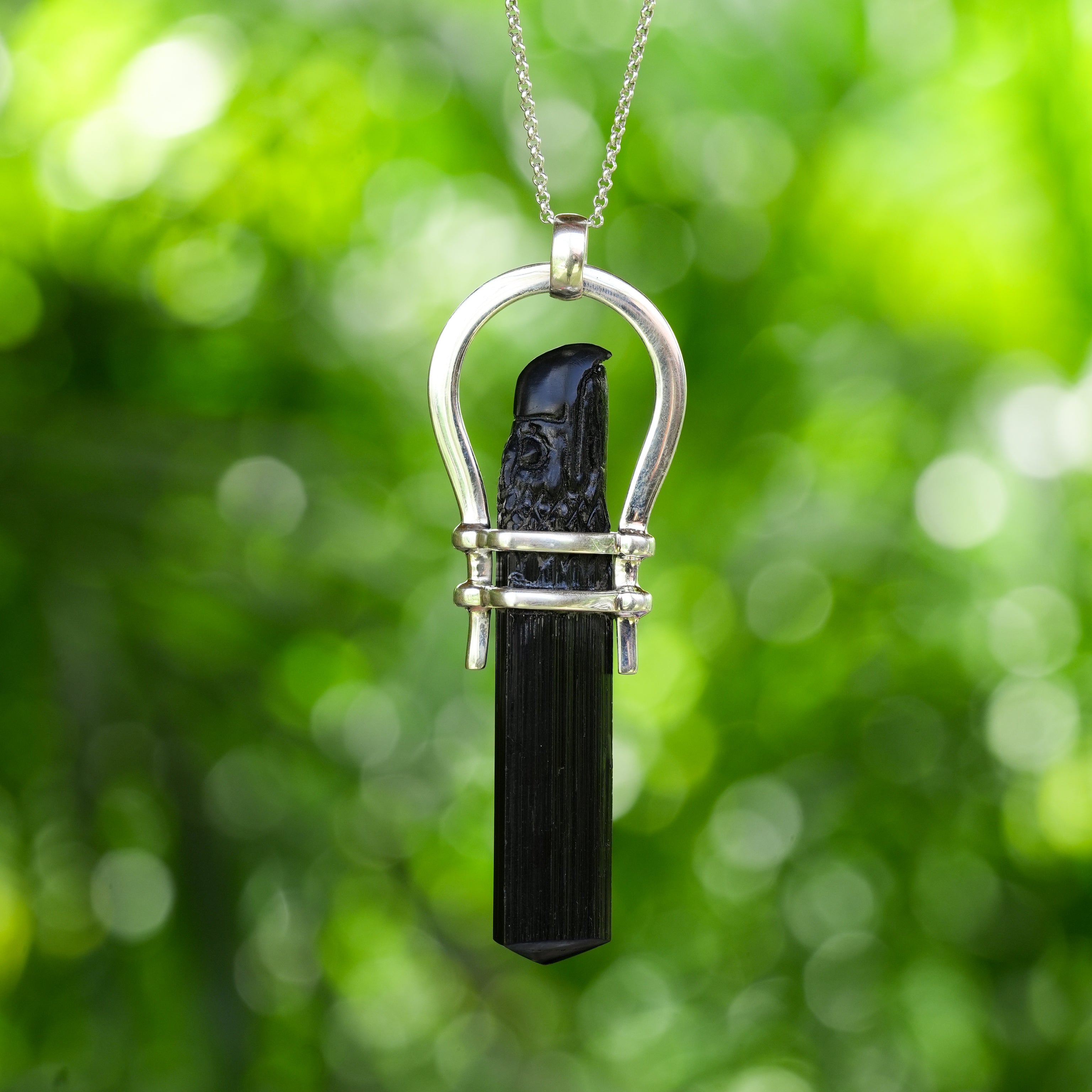 Starborn Carved Black Tourmaline Eagle Head Horseshoe Pendant in Sterling Silver