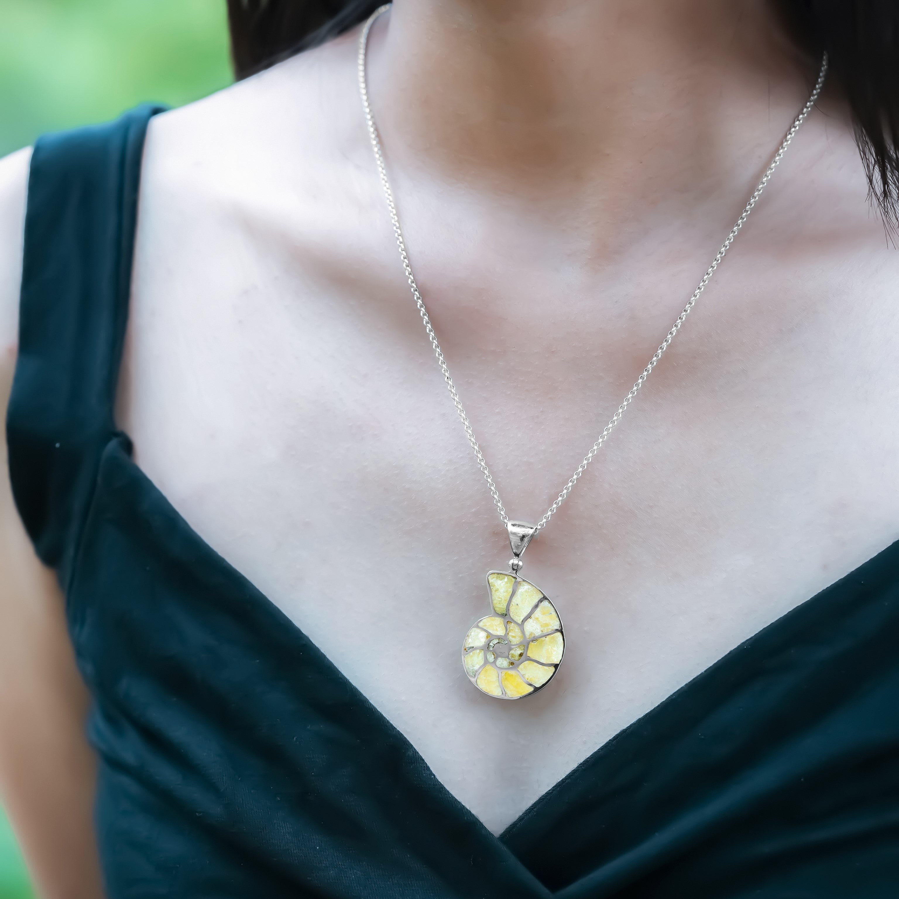 Starborn Brucite Inlay Nautilus Pendant in Sterling Silver