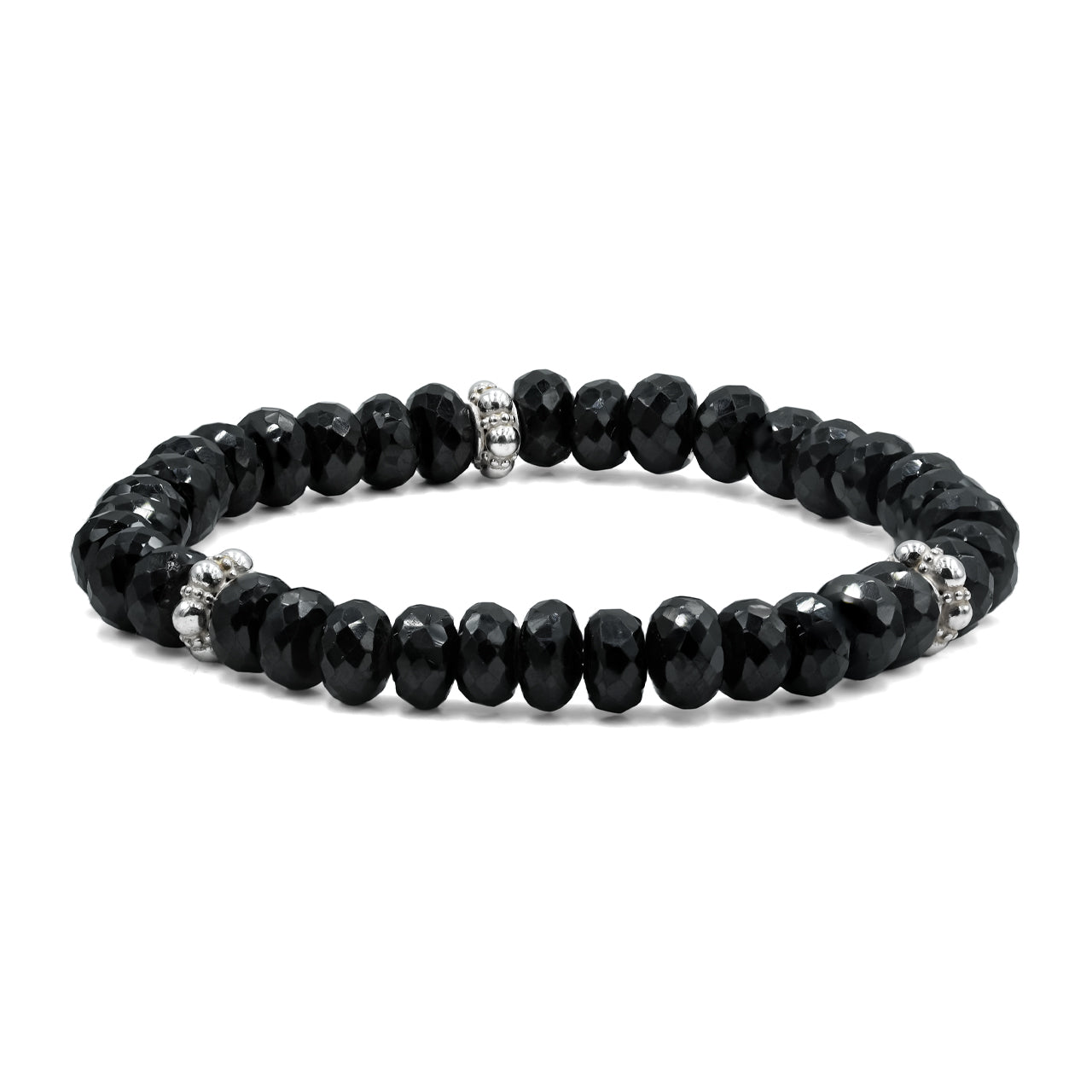 Starborn Black Spinel Rondelle Faceted Bead Bracelet with Silver Bead Accents