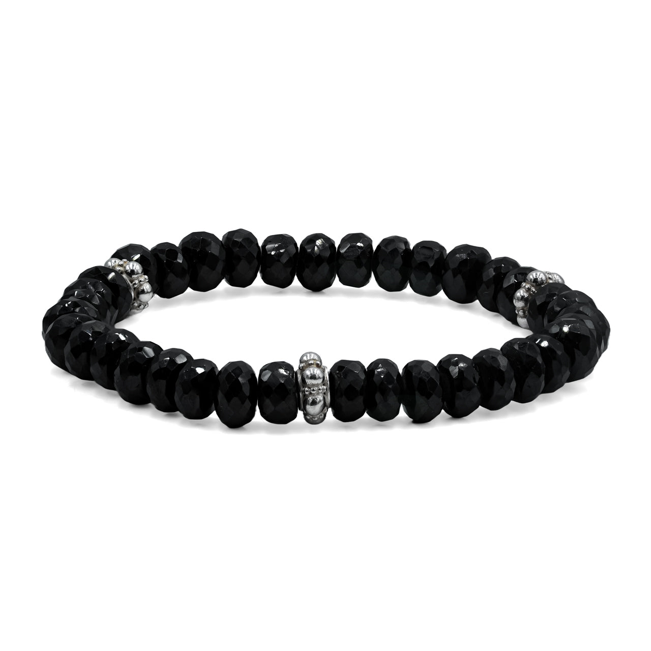 Starborn Black Spinel Rondelle Faceted Bead Bracelet with Silver Bead Accents