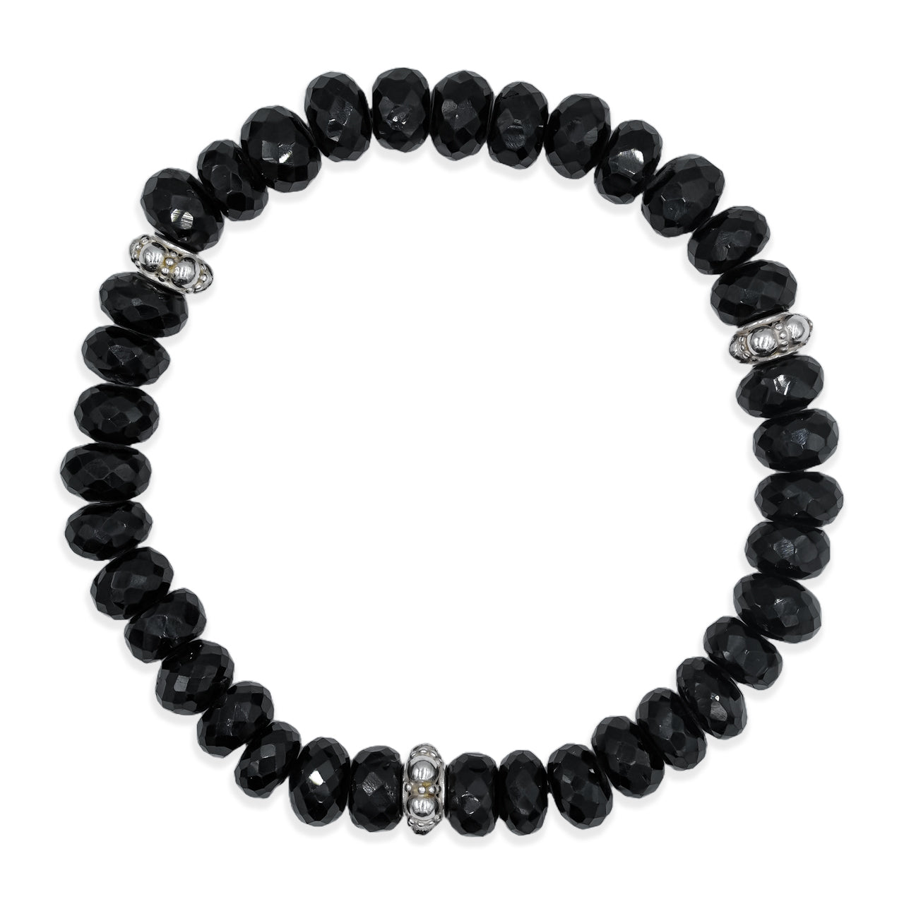Starborn Black Spinel Rondelle Faceted Bead Bracelet with Silver Bead Accents