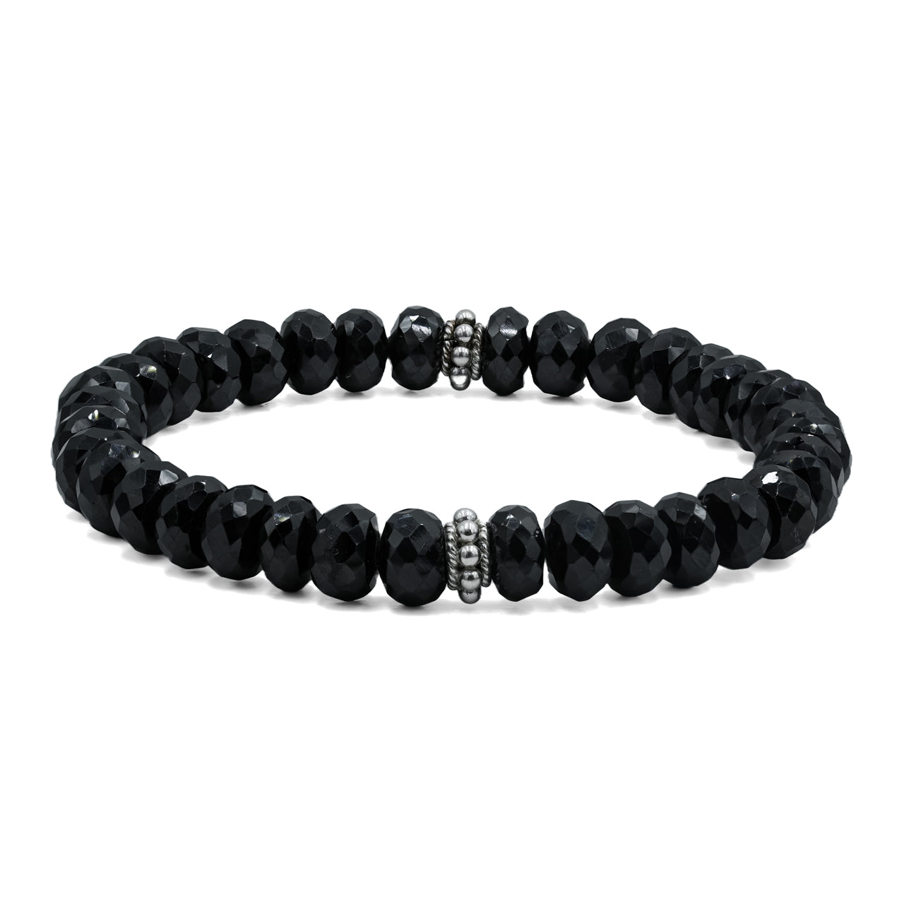 Starborn Black Spinel Rondelle Faceted Bead Bracelet with Silver Bead Accents
