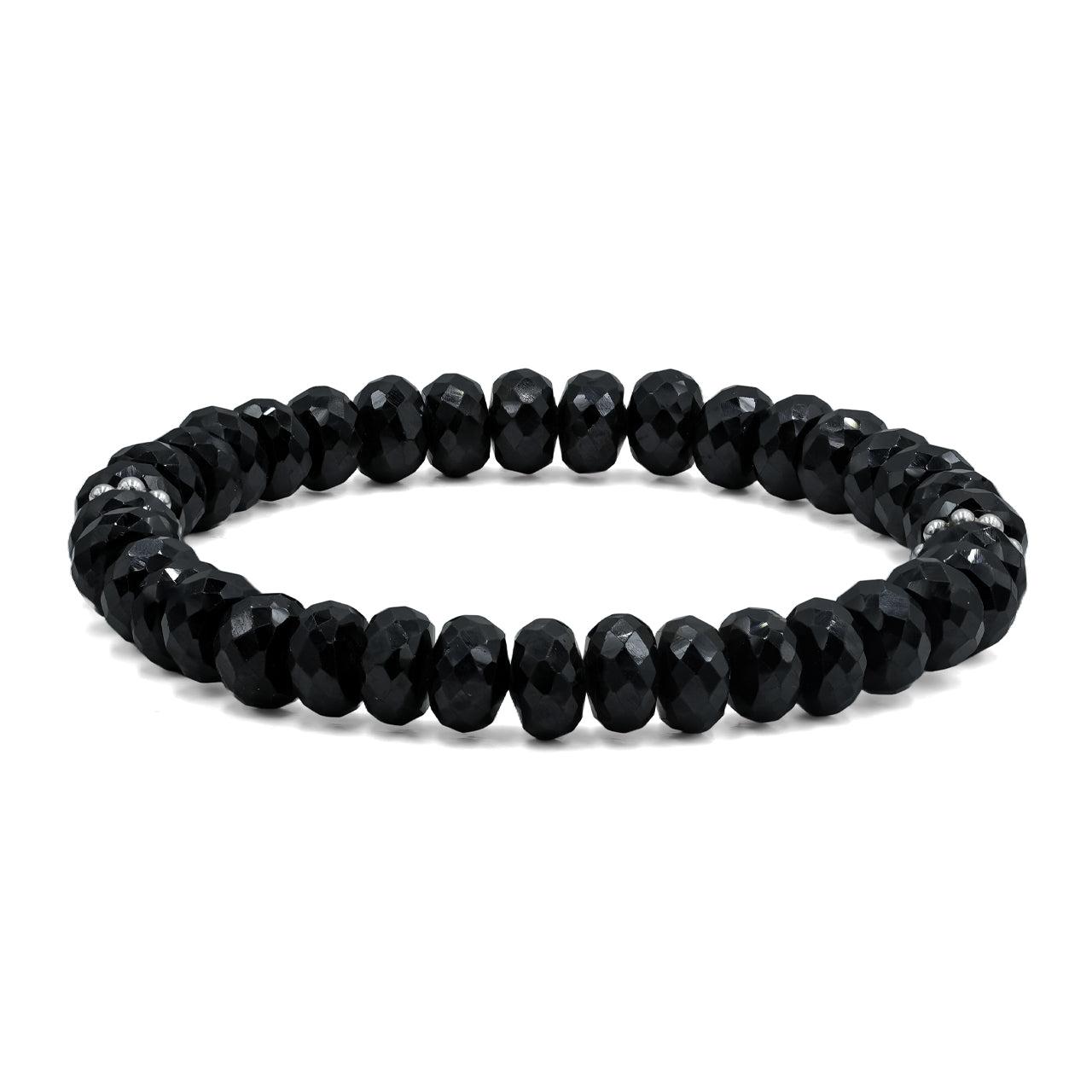 Starborn Black Spinel Rondelle Faceted Bead Bracelet with Silver Bead Accents