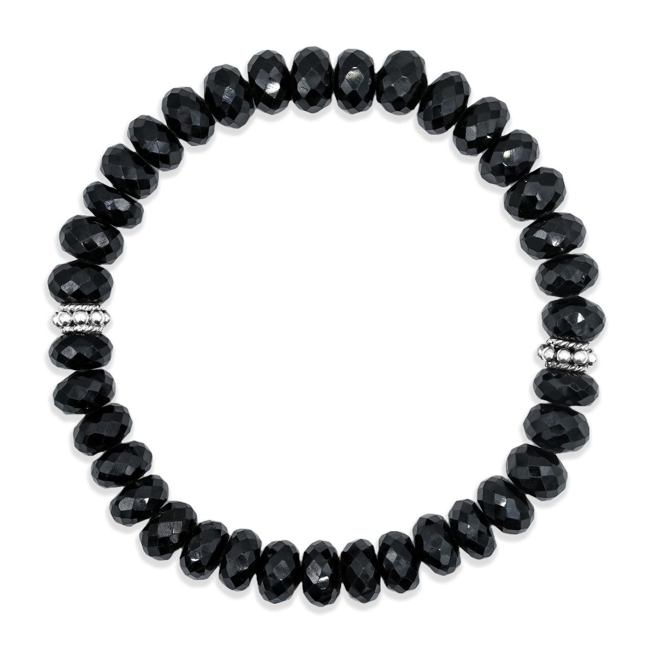 Starborn Black Spinel Rondelle Faceted Bead Bracelet with Silver Bead Accents