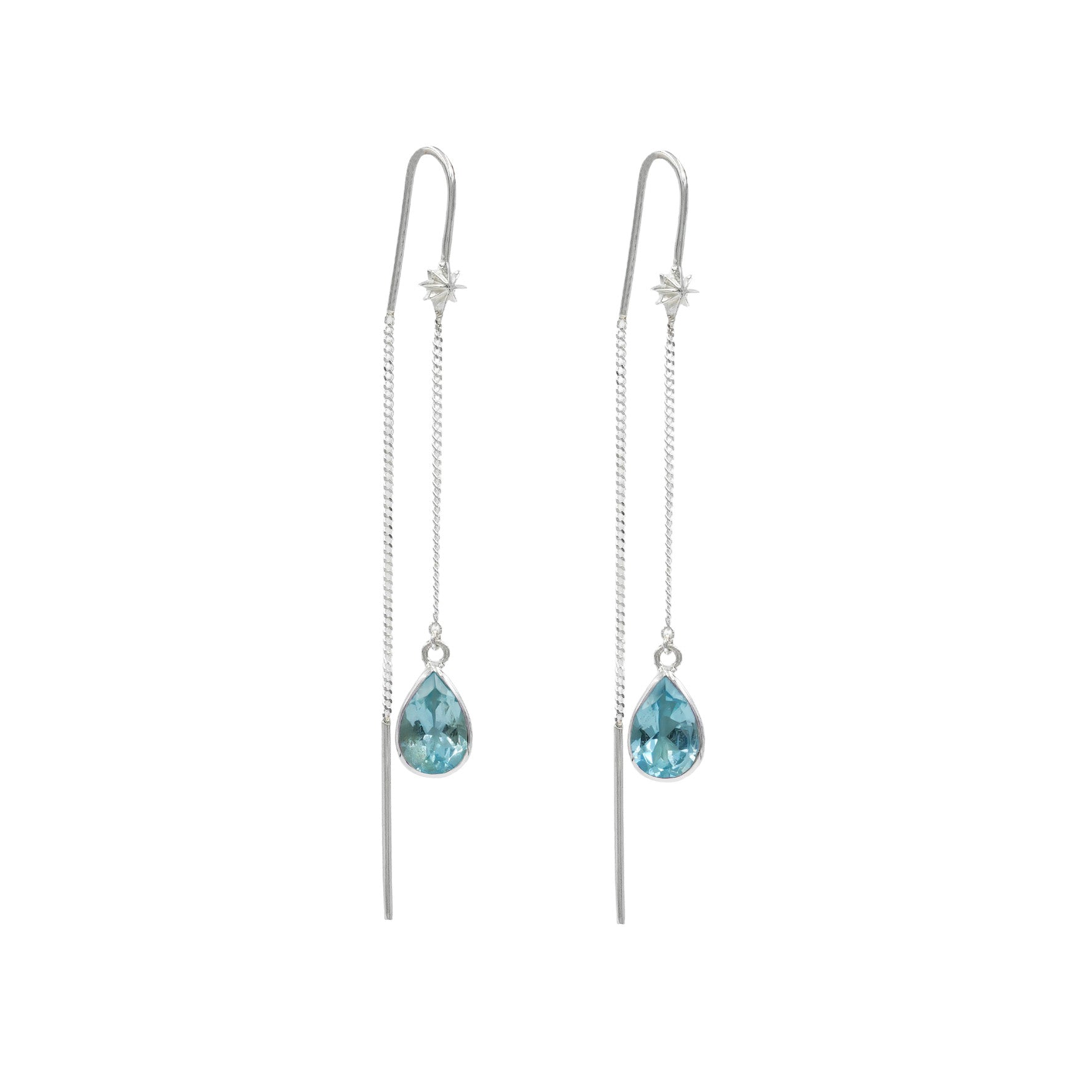 Starborn Blue Topaz Pear Faceted Threader Earring with Star Accents in Sterling Silver