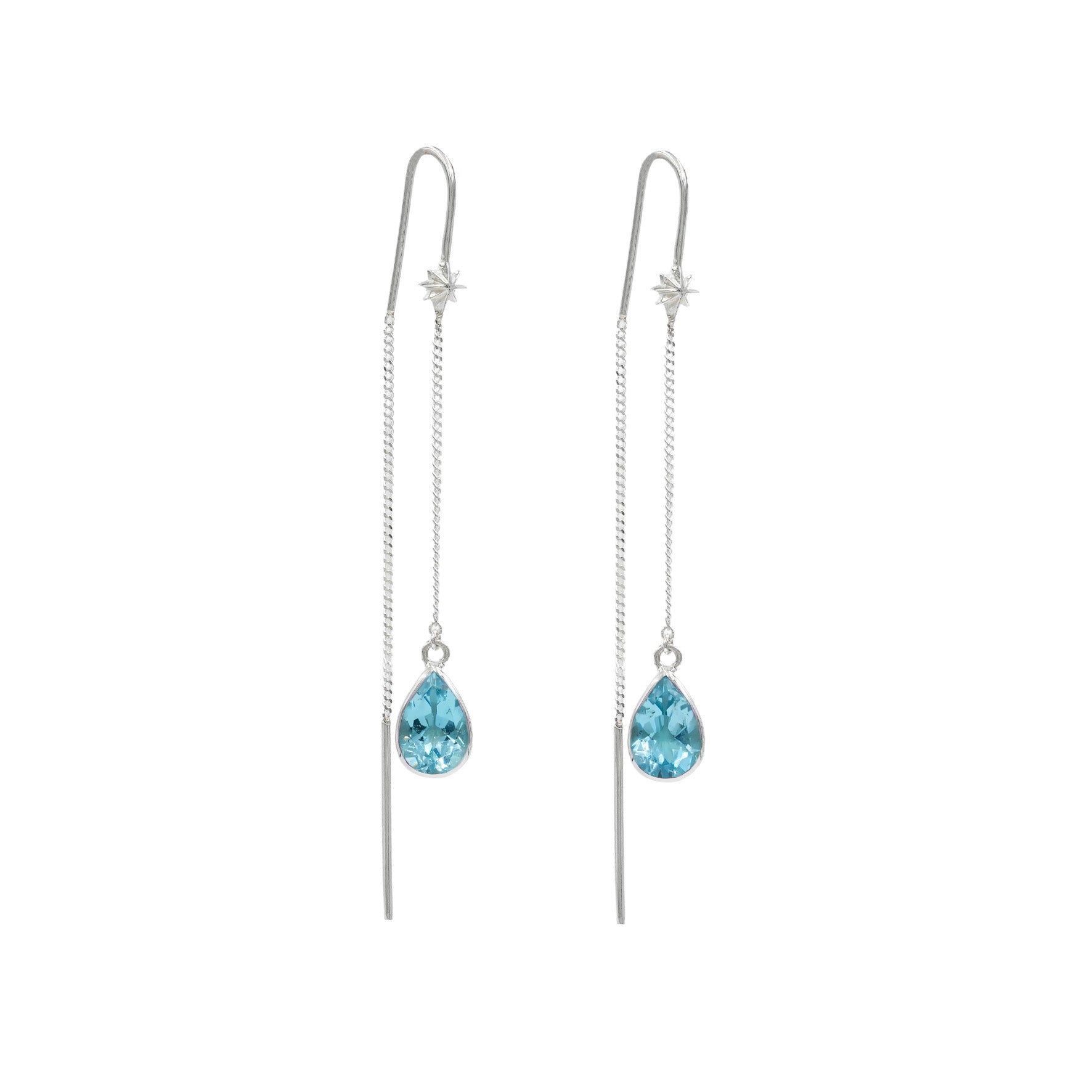 Starborn Blue Topaz Pear Faceted Threader Earring with Star Accents in Sterling Silver