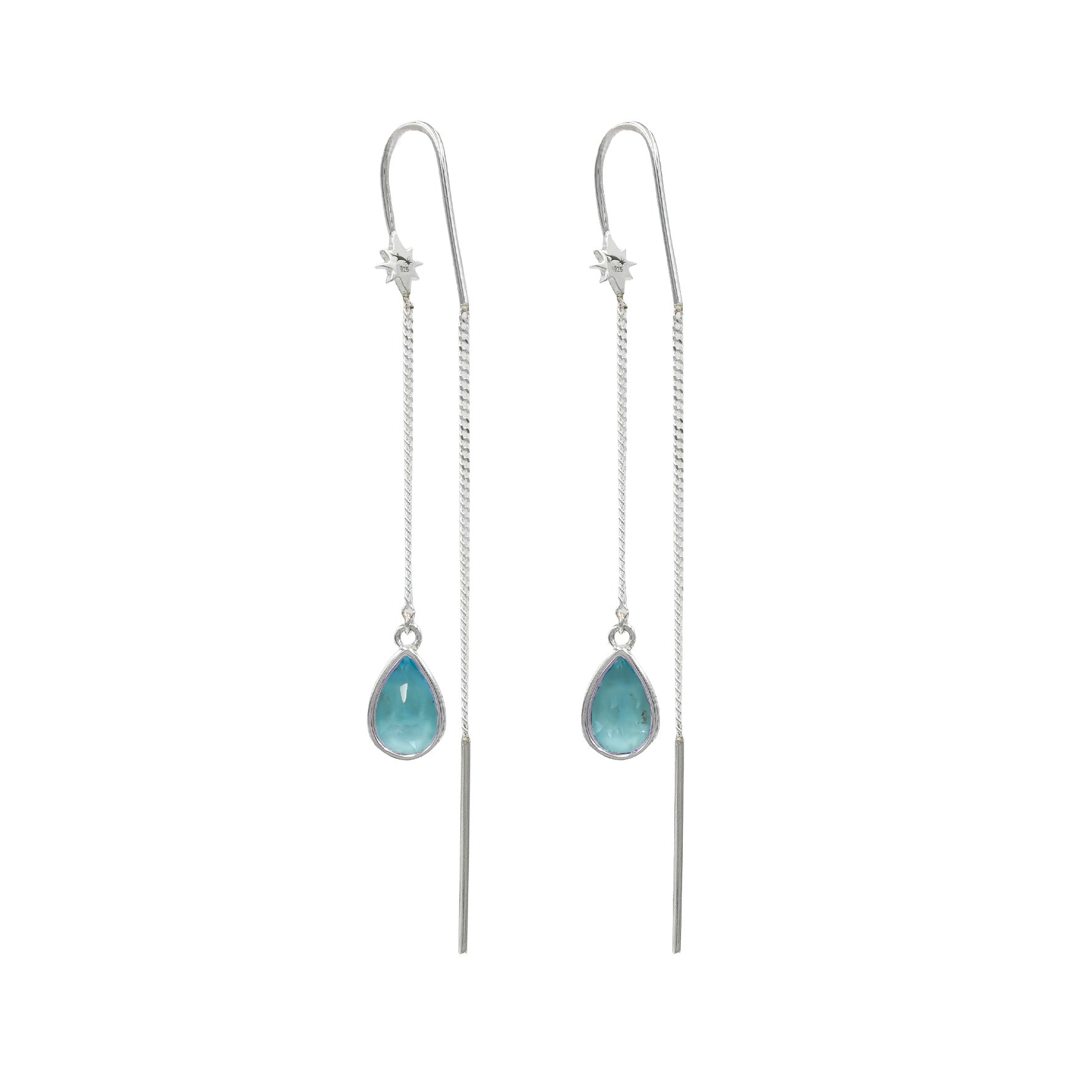 Starborn Blue Topaz Pear Faceted Threader Earring with Star Accents in Sterling Silver
