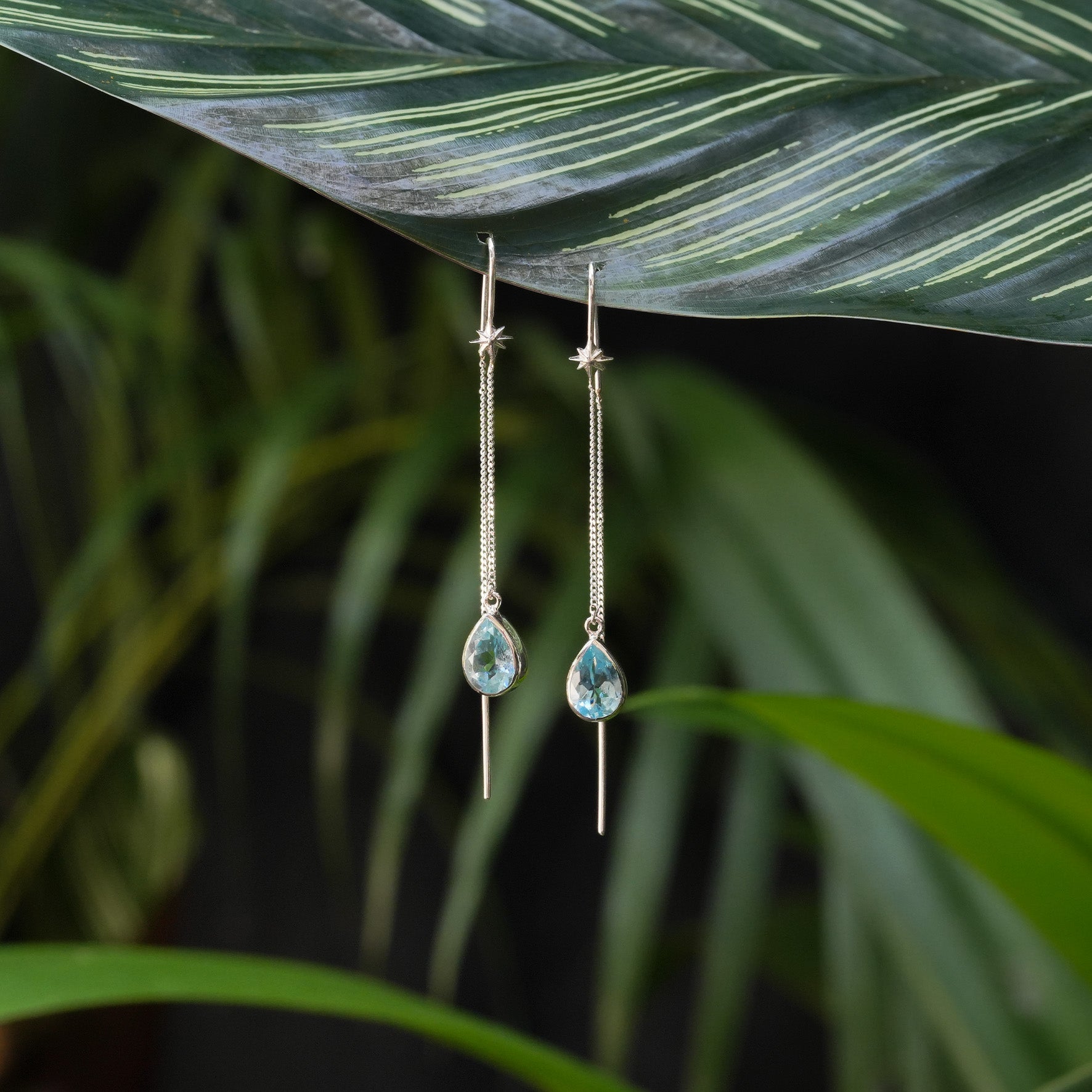 Starborn Blue Topaz Pear Faceted Threader Earring with Star Accents in Sterling Silver