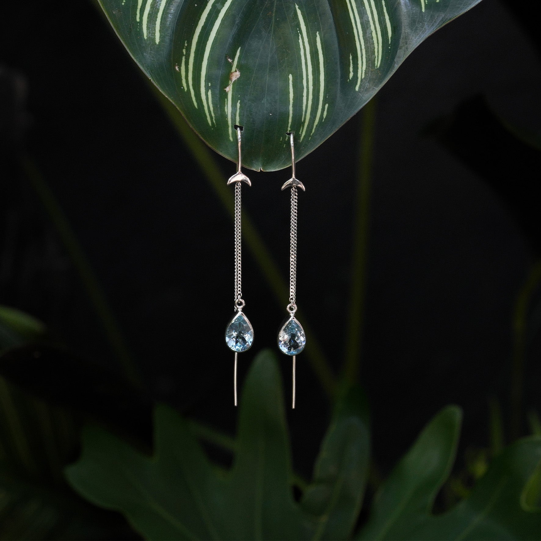 Starborn Blue Topaz Pear Faceted Threader Earring with Crescent Moons Accents in Sterling Silver