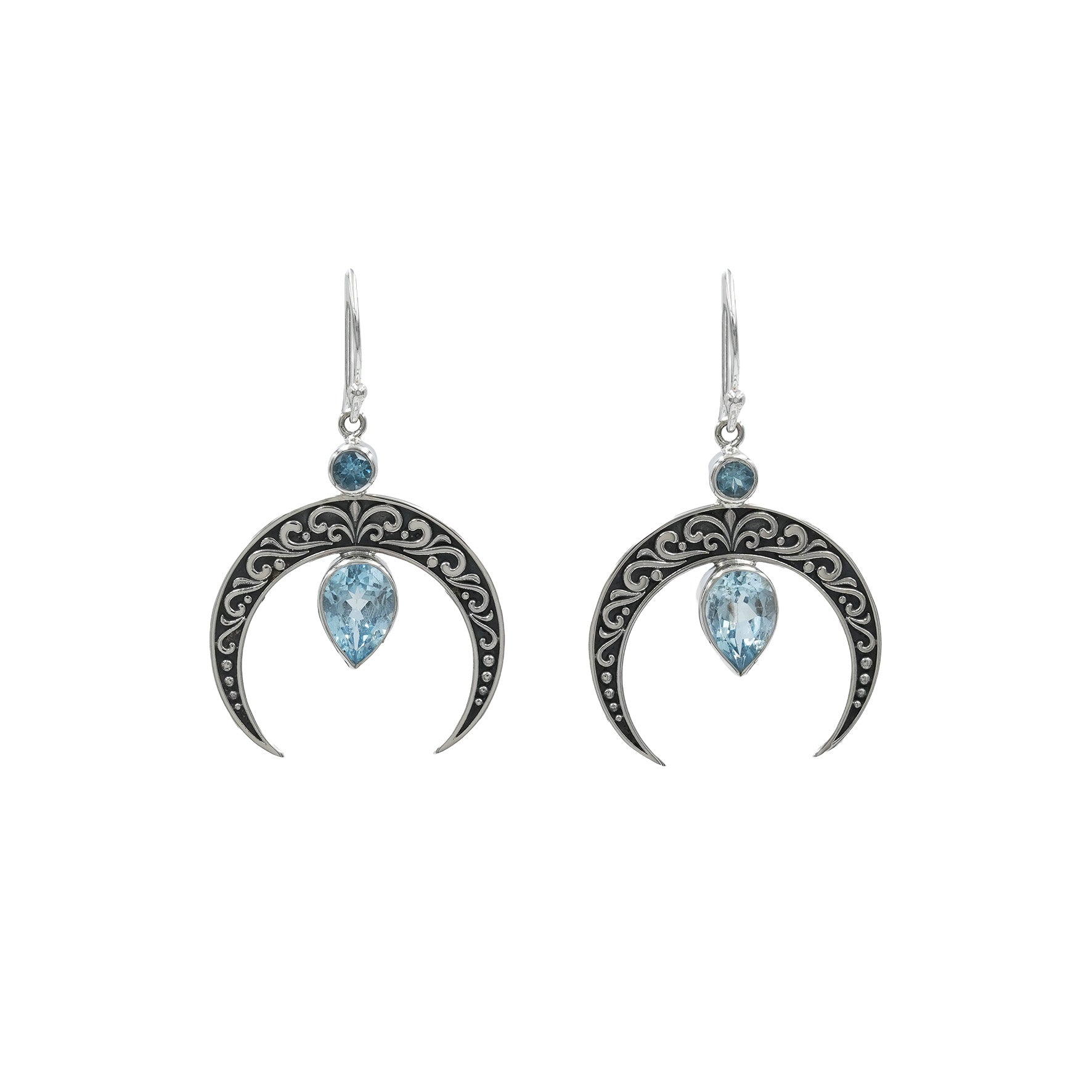 Starborn Crescent Moon Filigree with Pear Faceted Blue Topaz Dangle Earrings in Sterling Silver