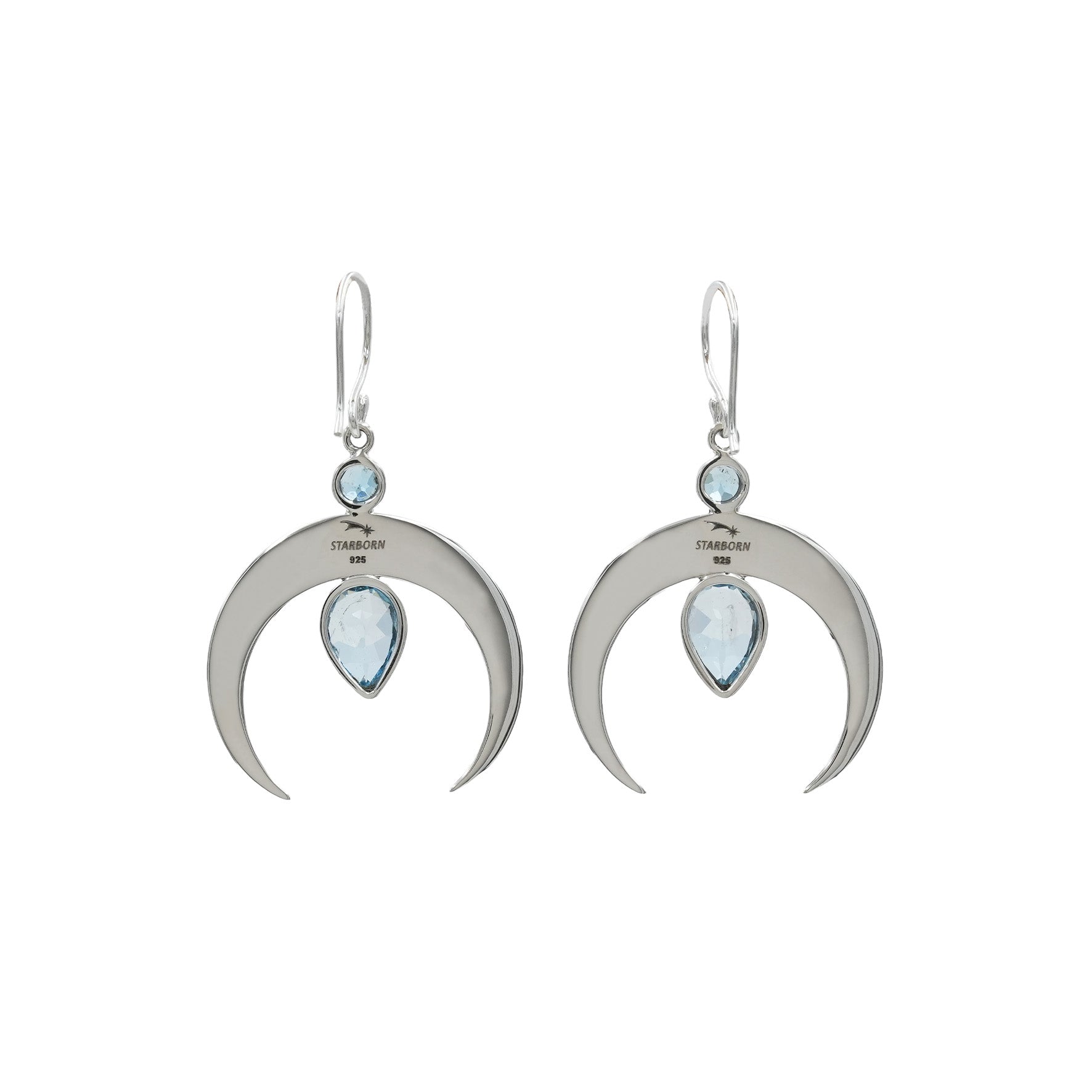 Starborn Crescent Moon Filigree with Pear Faceted Blue Topaz Dangle Earrings in Sterling Silver