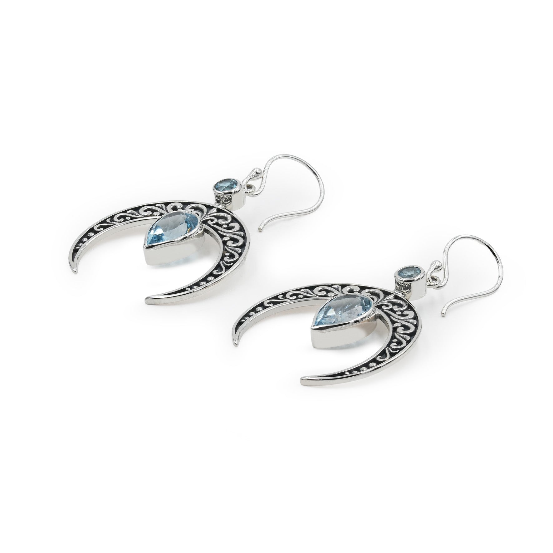 Starborn Crescent Moon Filigree with Pear Faceted Blue Topaz Dangle Earrings in Sterling Silver