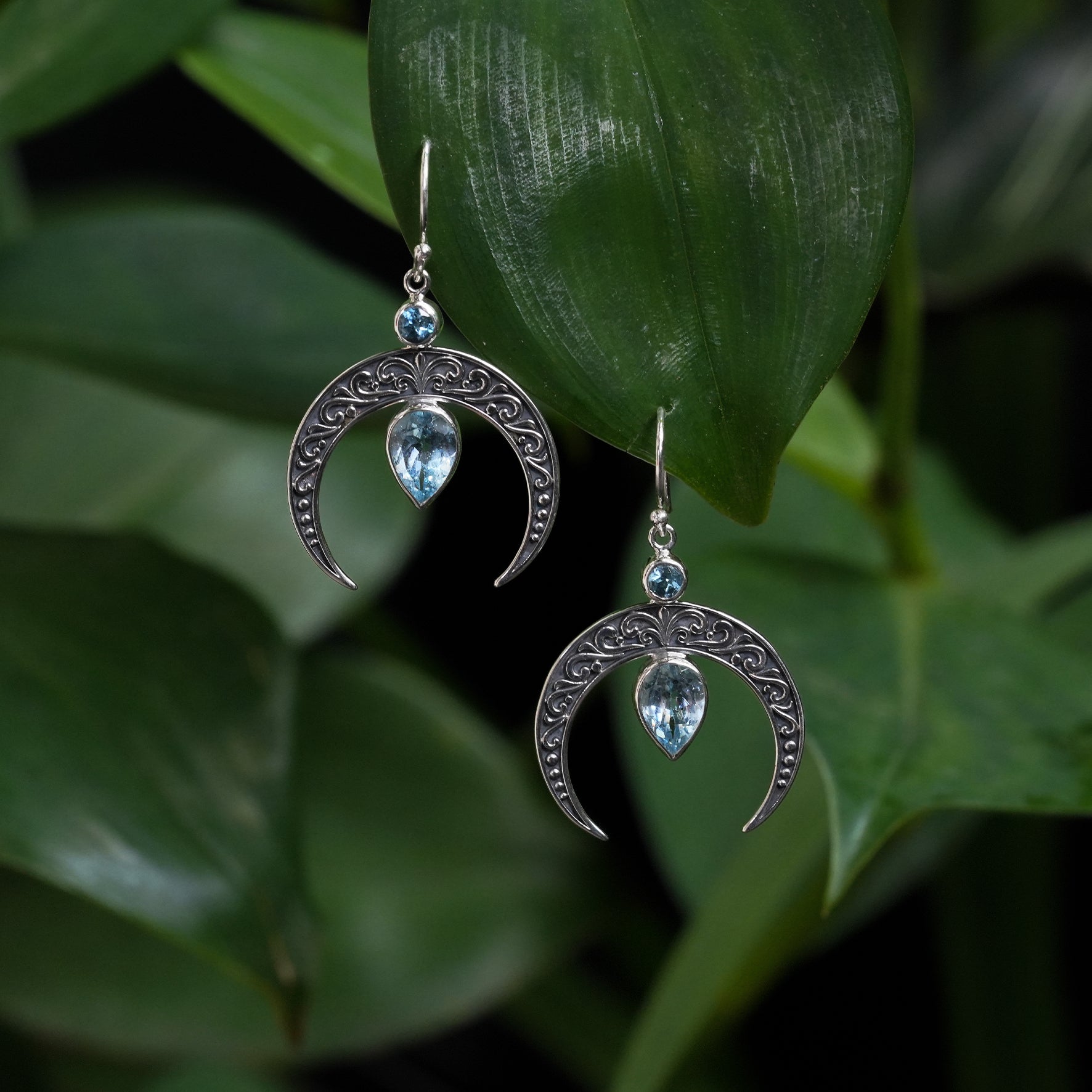 Starborn Crescent Moon Filigree with Pear Faceted Blue Topaz Dangle Earrings in Sterling Silver