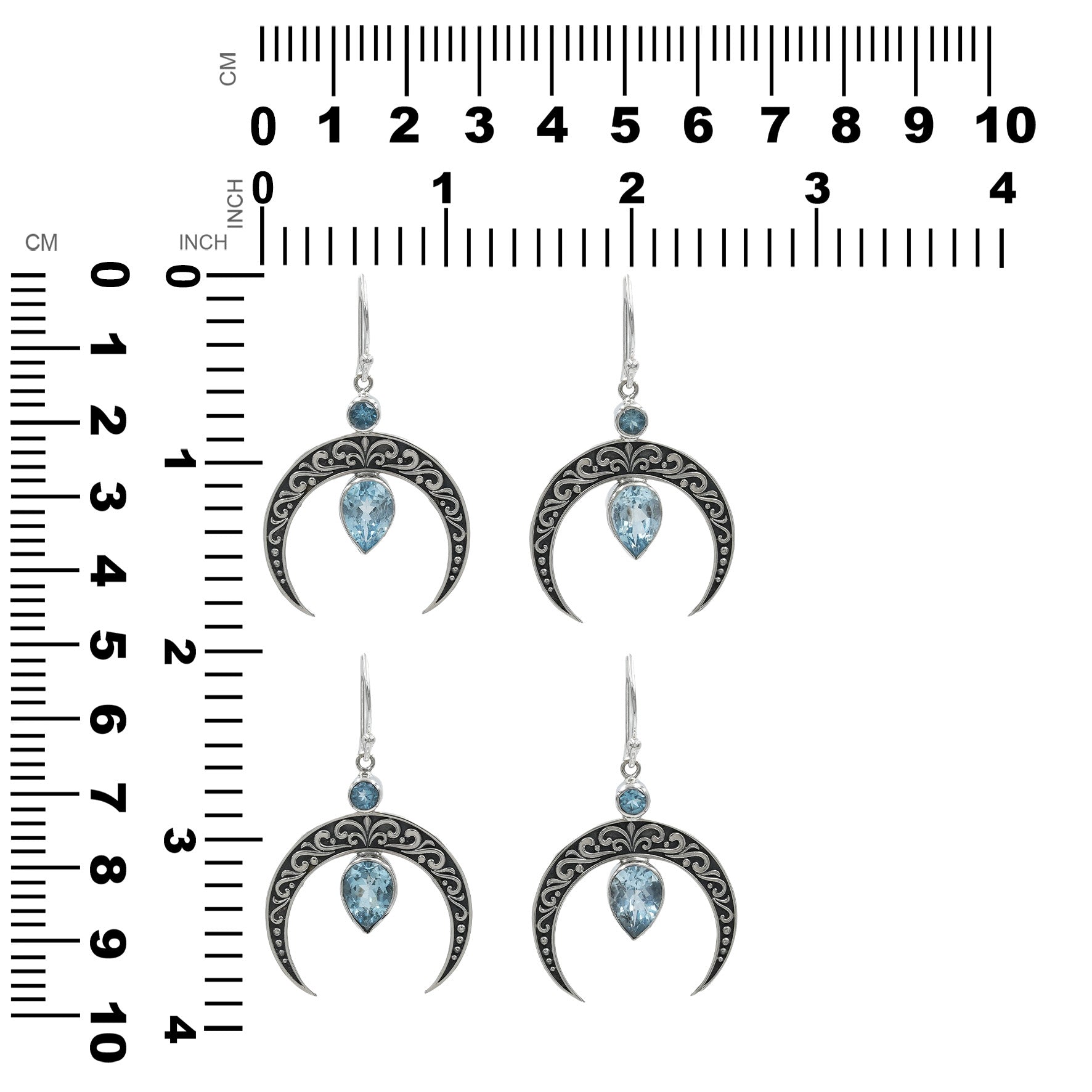 Starborn Crescent Moon Filigree with Pear Faceted Blue Topaz Dangle Earrings in Sterling Silver