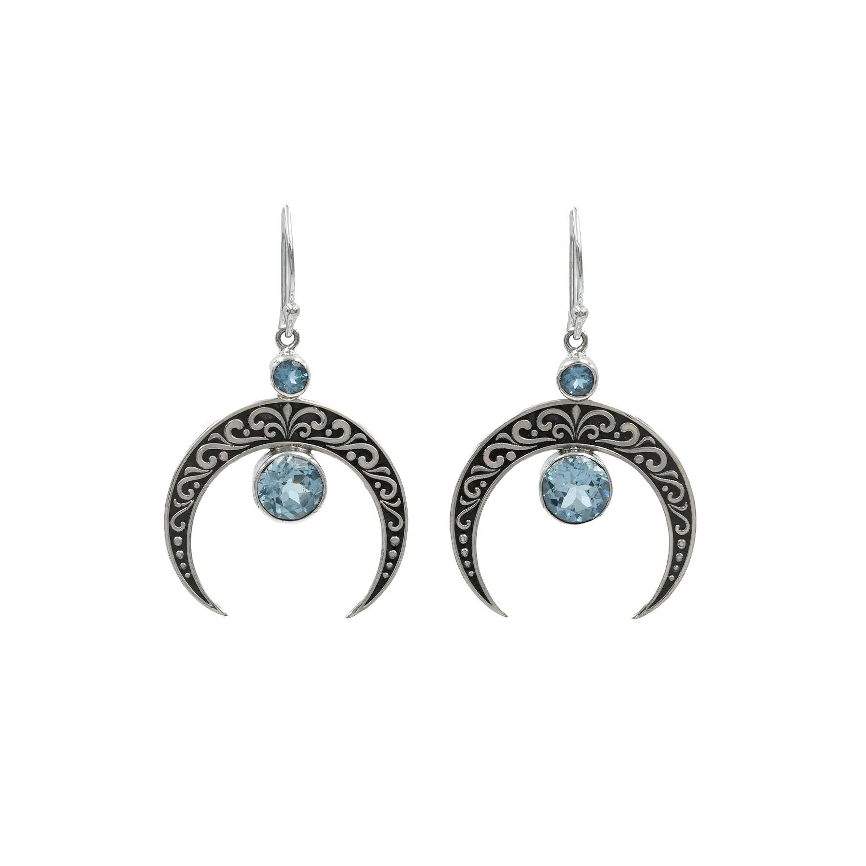 Starborn Crescent Moon Filigree with Round Faceted Blue Topaz Dangle Earrings in Sterling Silver