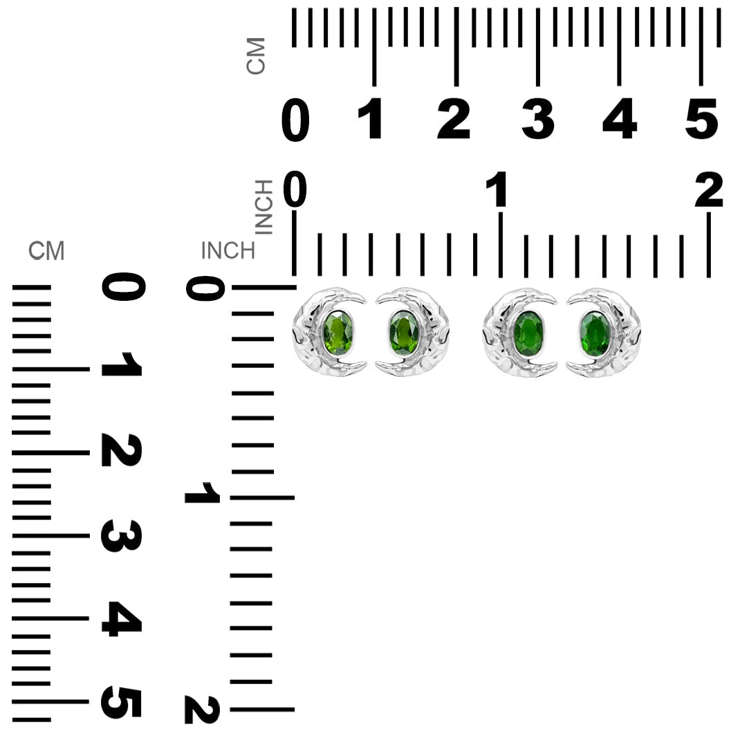 Two pairs of post earrings displayed next to a measurement chart showing height and width in millimeters and inches.