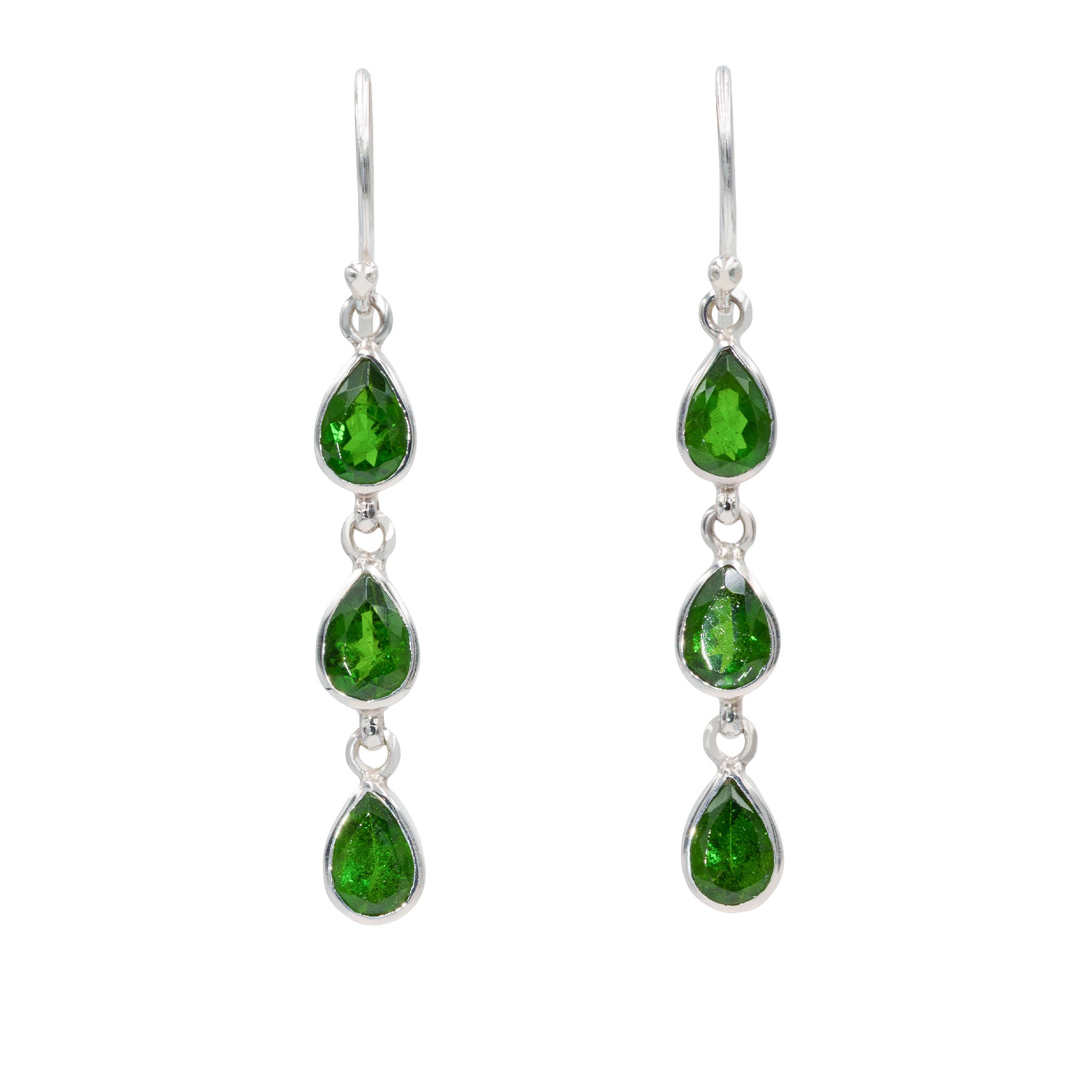 Second front‑facing image of chrome diopside drop earrings in sterling silver, each featuring three faceted green stones arranged vertically in a drop design. Showcasing stone variations.
