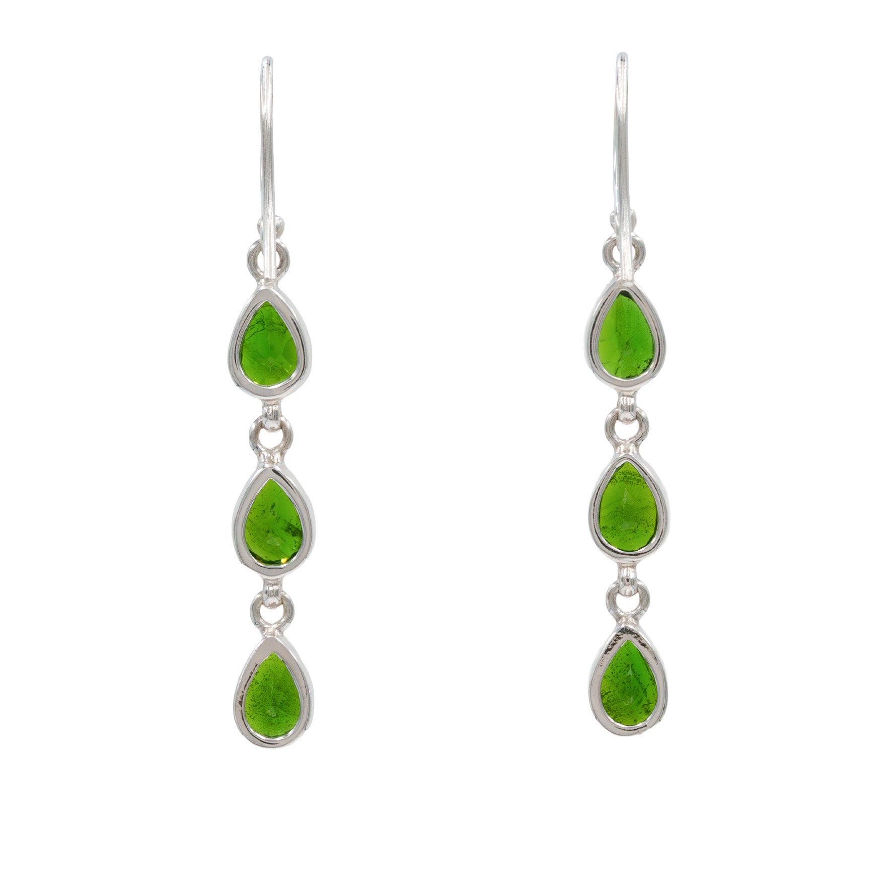 Back view of the chrome diopside 3‑stone drop earrings, showing three faceted green stones in open sterling silver settings connected vertically, with the hook ear wires visible at the top and linkage joints between each stone.