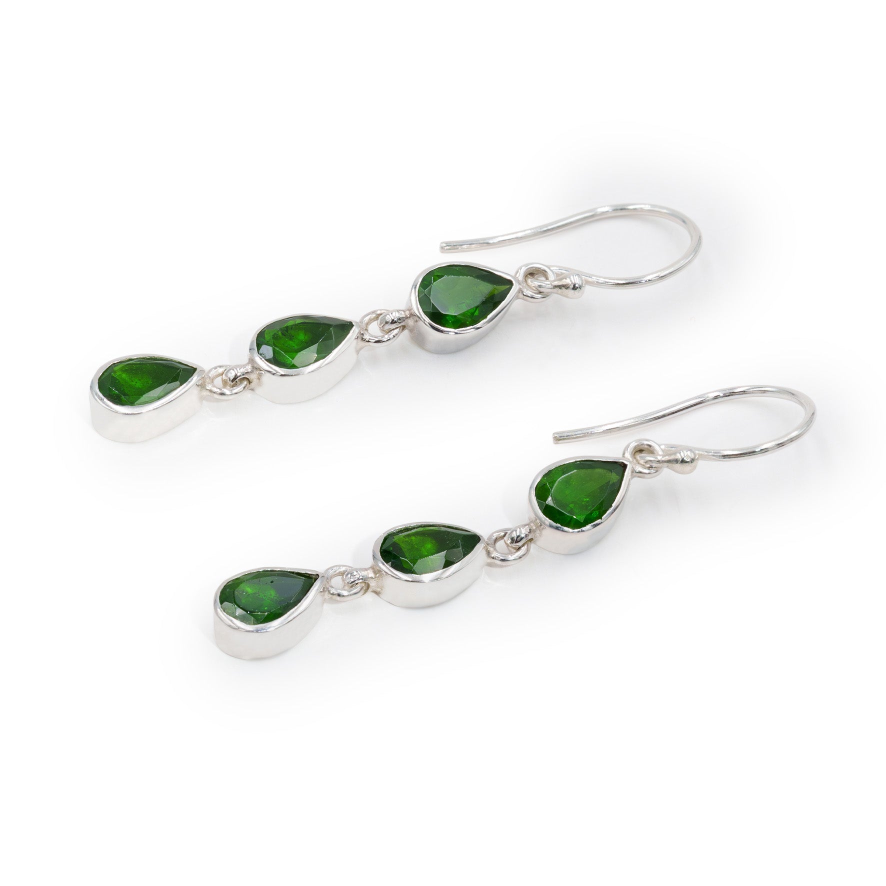 Side view of the chrome diopside 3‑stone drop earrings, showing the thickness of the stone settings and the vertical drop construction.