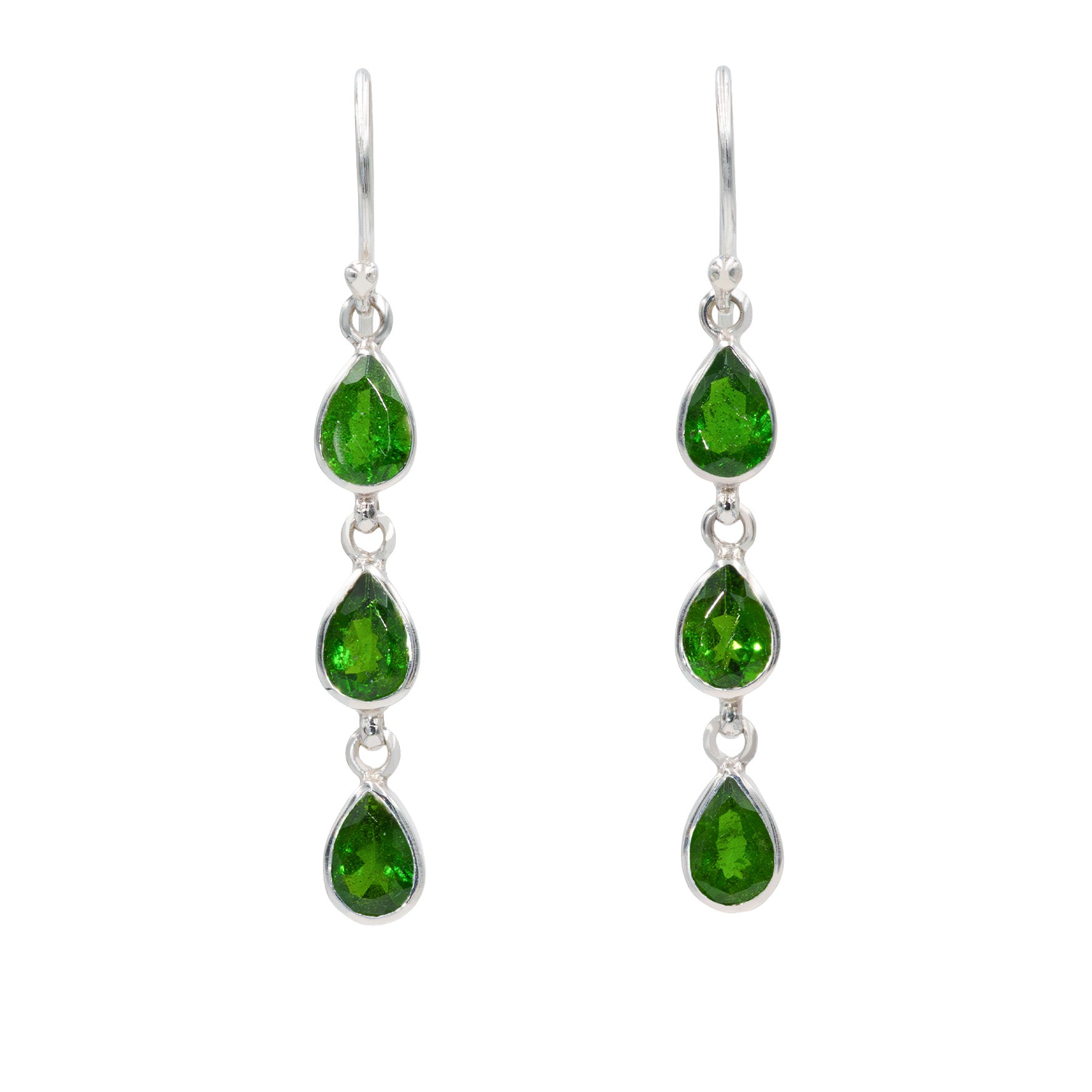 Front‑facing image of chrome diopside drop earrings in sterling silver, each featuring three faceted green stones arranged vertically in a drop design.