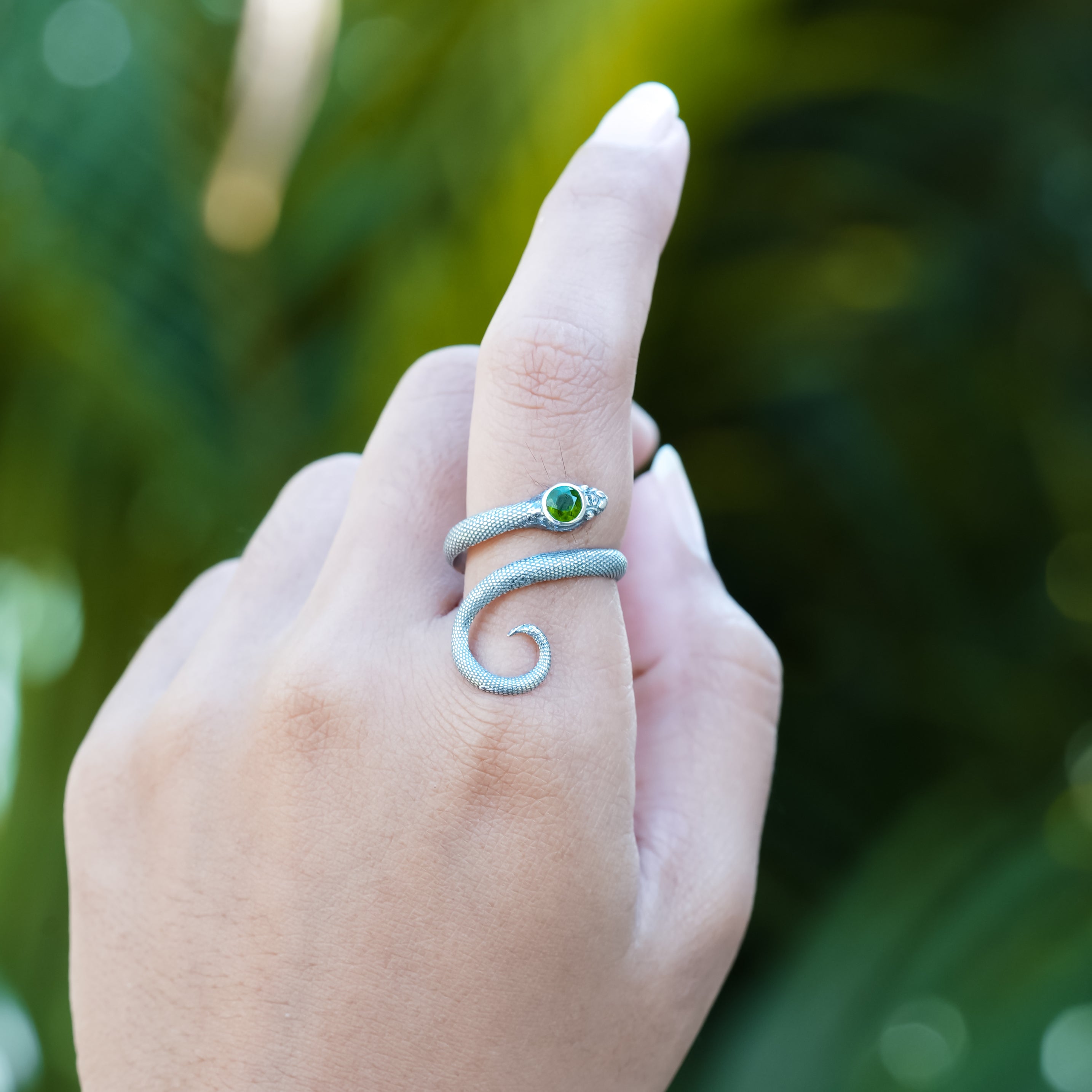 Starborn Coiled Snake Ring with Faceted Chrome Diopside in Sterling Silver