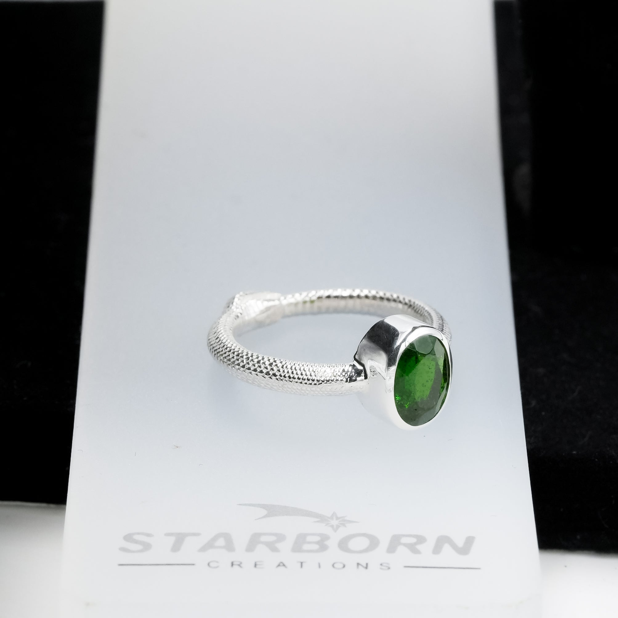 Starborn Ouroboros Ring with Faceted Chrome Diopside in Sterling Silver