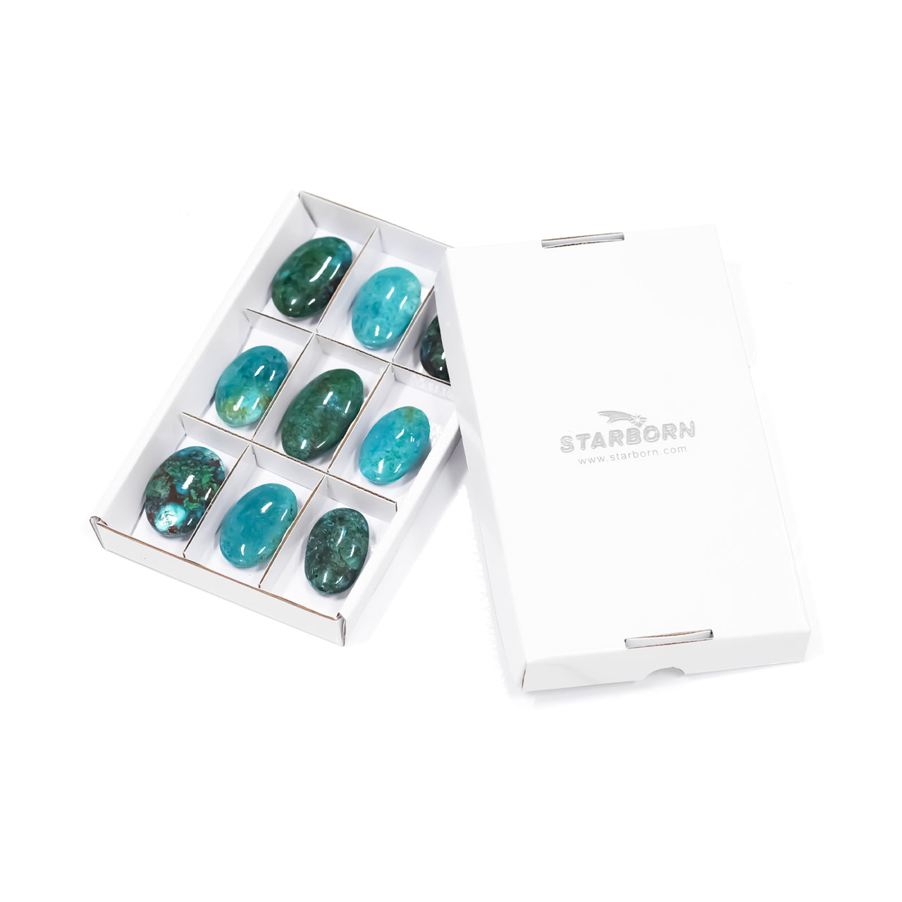 Image showing the flat sectioned box containing the nine polished chrysocolla palm stones placed next to the matching box lid, illustrating how the set is packaged.